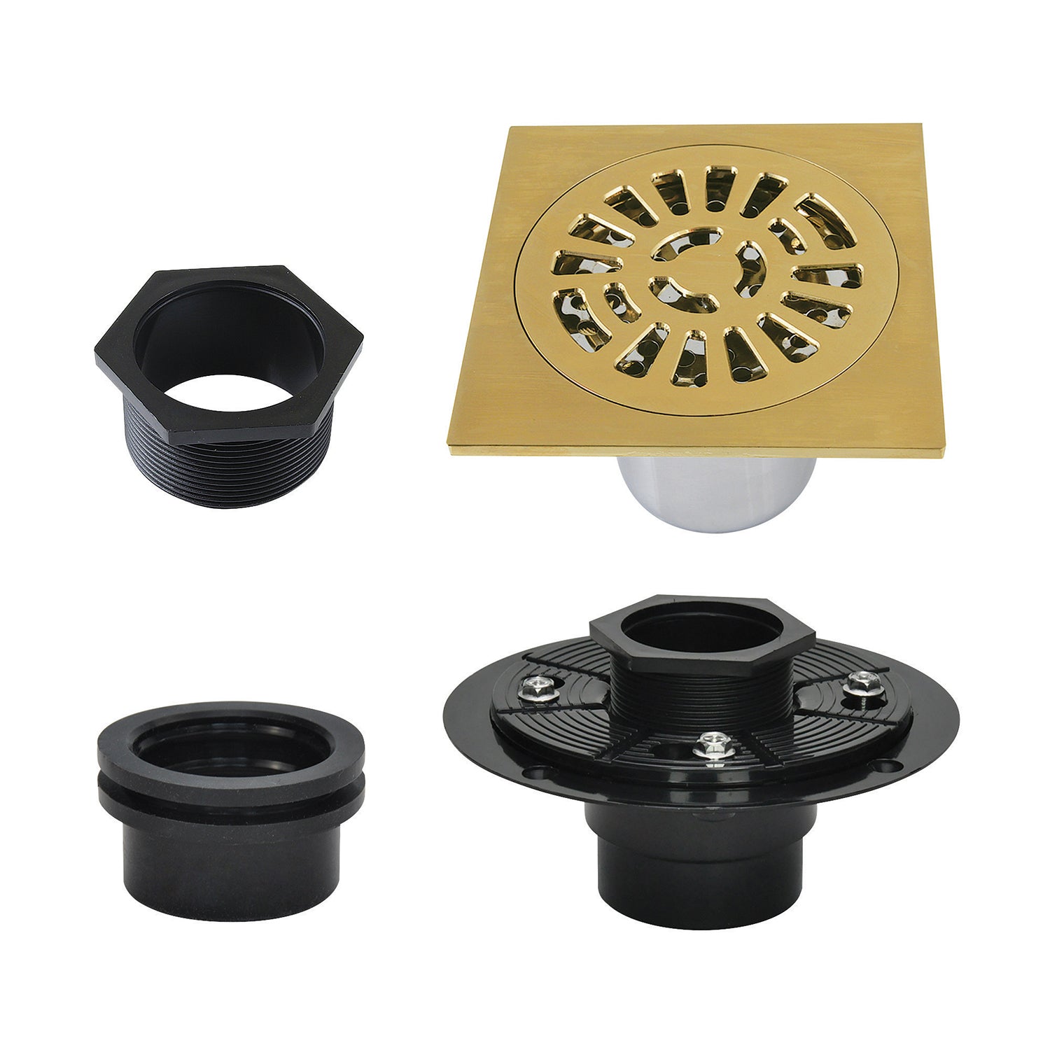 Kingston Watercourse BSFK4267BB 4-Inch Brass Square Grid Shower Drain with Flange, Brushed Brass