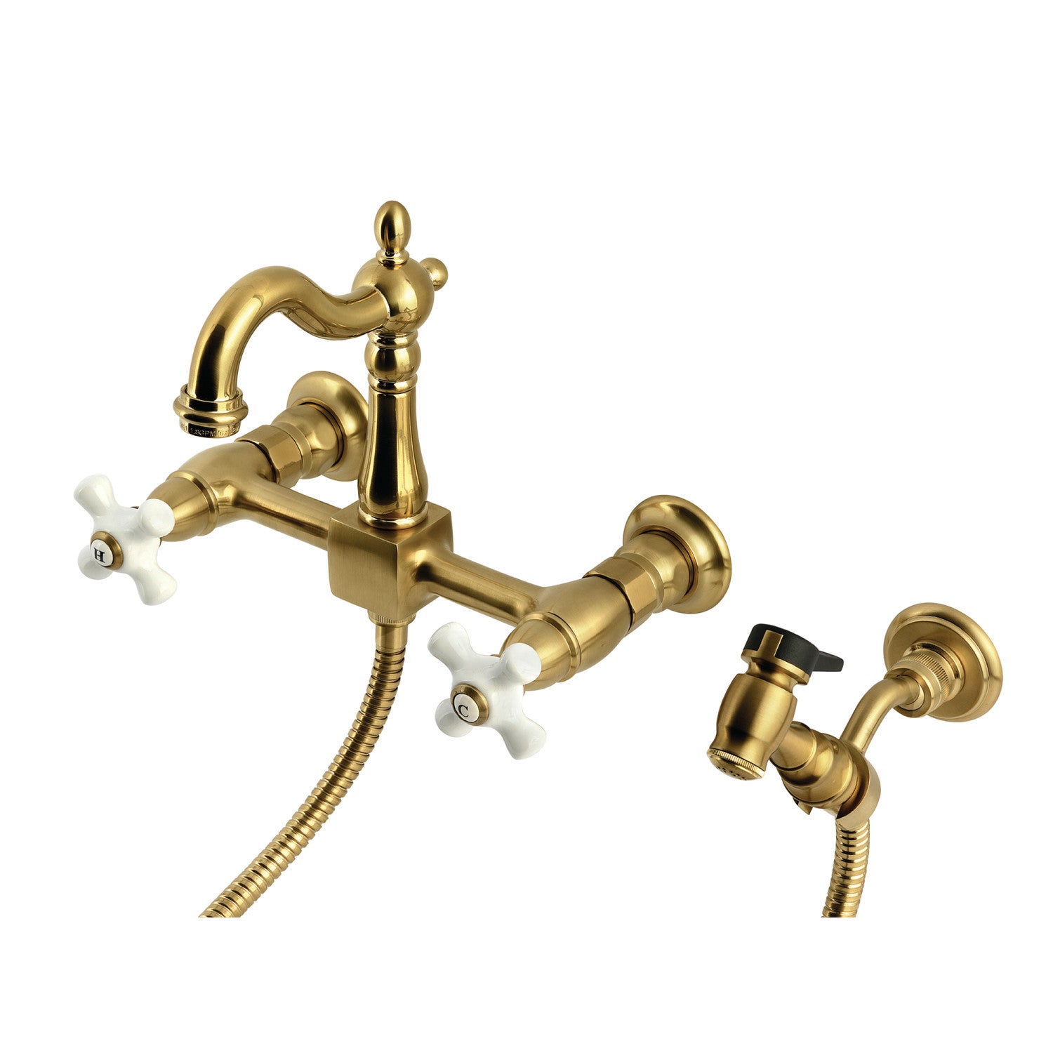 Kingston Heirloom KS2447PXBS - Robinet de cuisine à deux poignées Heritage 3 trous Wall Mount Bridge avec pulvérisateur en laiton, laiton brossé