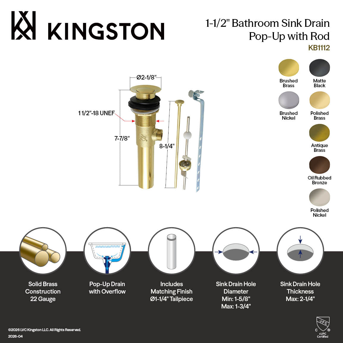 Kingston Made To Match KB1118 Brass Pop-Up Bathroom Sink Drain with Overflow, 22 Gauge, Brushed Nickel