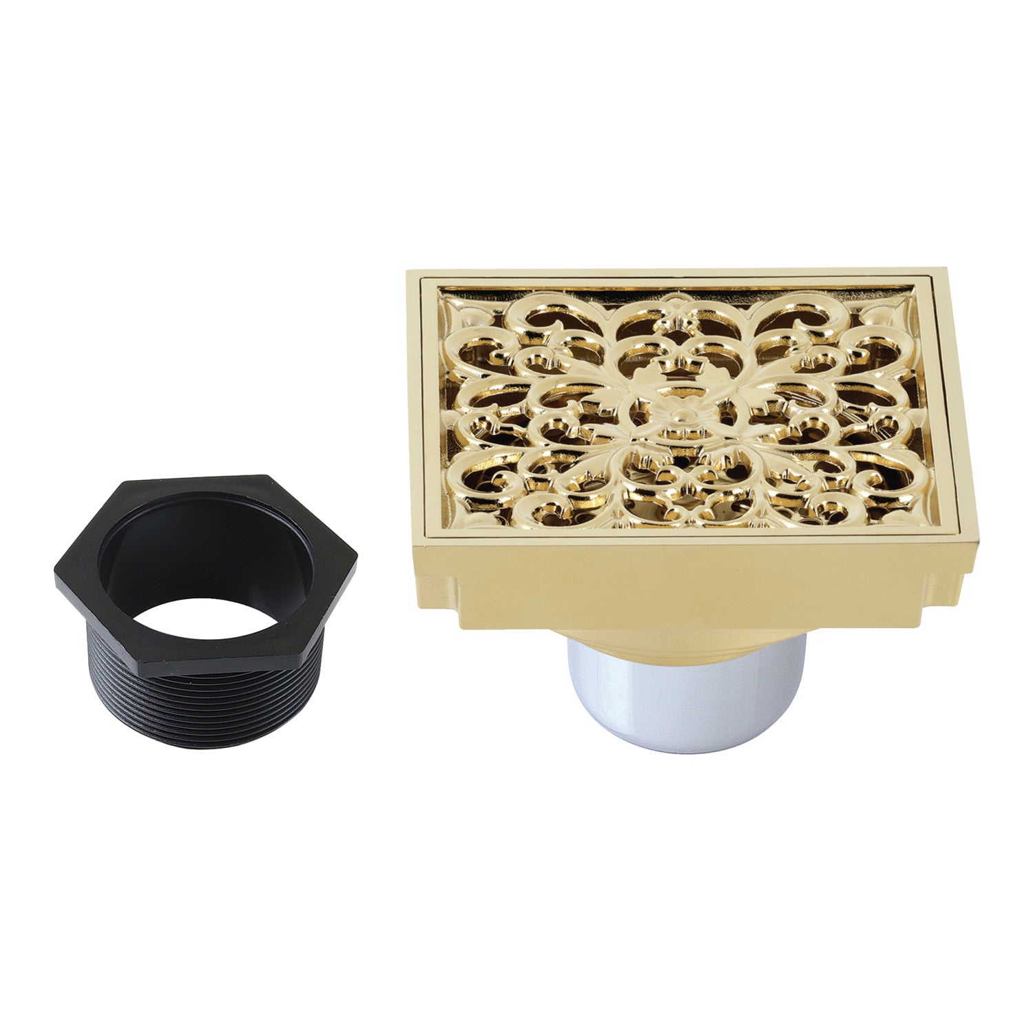 Kingston Watercourse BSF9771PB 4-Inch Brass Square Grid Shower Drain with Hair Strainer, Polished Brass