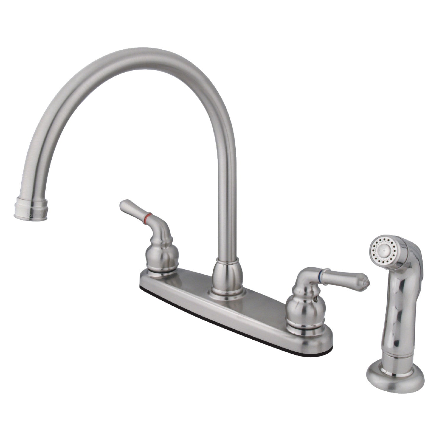 Kingston Tulare KB798SP - Robinet de cuisine à deux poignées Magellan 4 trous 8" avec pulvérisateur latéral, nickel brossé