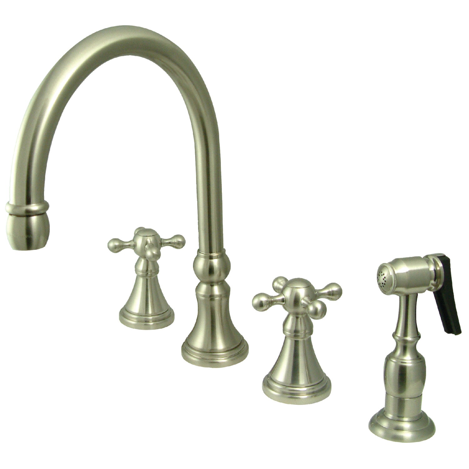 Kingston Tulare KS2798KXBS - Robinet de cuisine à double poignée 4 trous avec pulvérisateur en laiton, nickel brossé