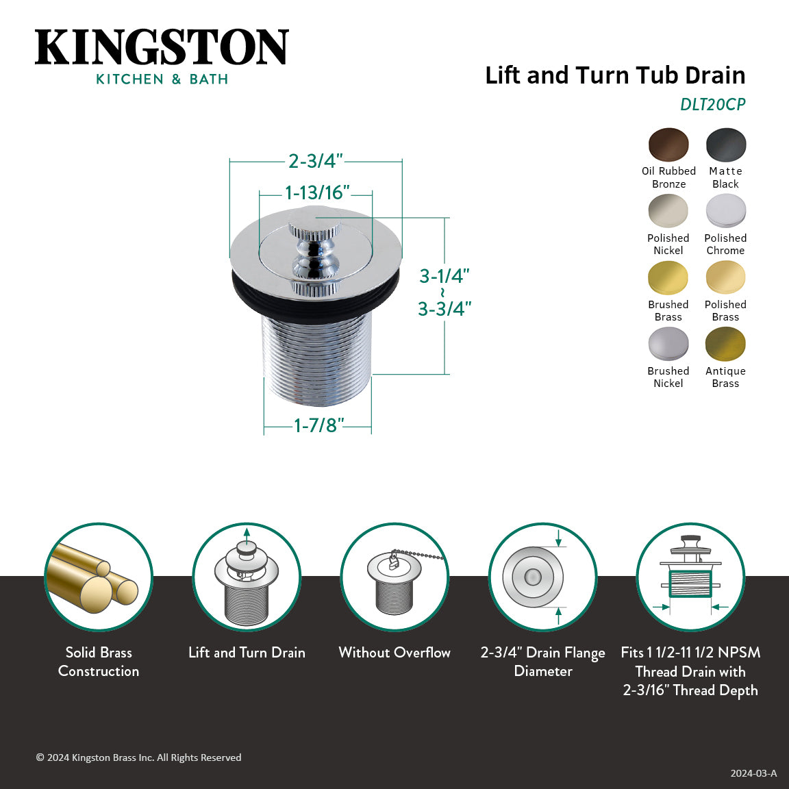 Kingston Heirloom DLT20PB - Made To Match 1-1/2-Inch Lift and Turn Tub Drain with 2-Inch Body Thread, Polished Brass