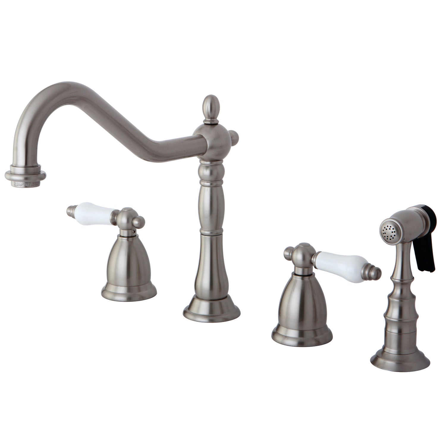 Kingston Heirloom KS1798PLBS - Robinet de cuisine à double poignée Heritage 4 trous avec pulvérisateur en laiton, nickel brossé