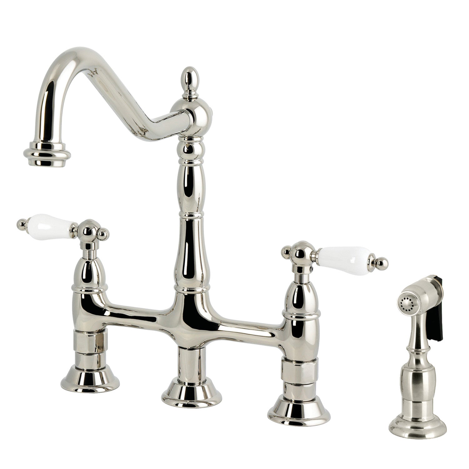 Kingston Heirloom KS1276PLBS - Robinet de cuisine à deux poignées Heritage 4 trous montage sur plage Bridge avec pulvérisateur en laiton, nickel poli