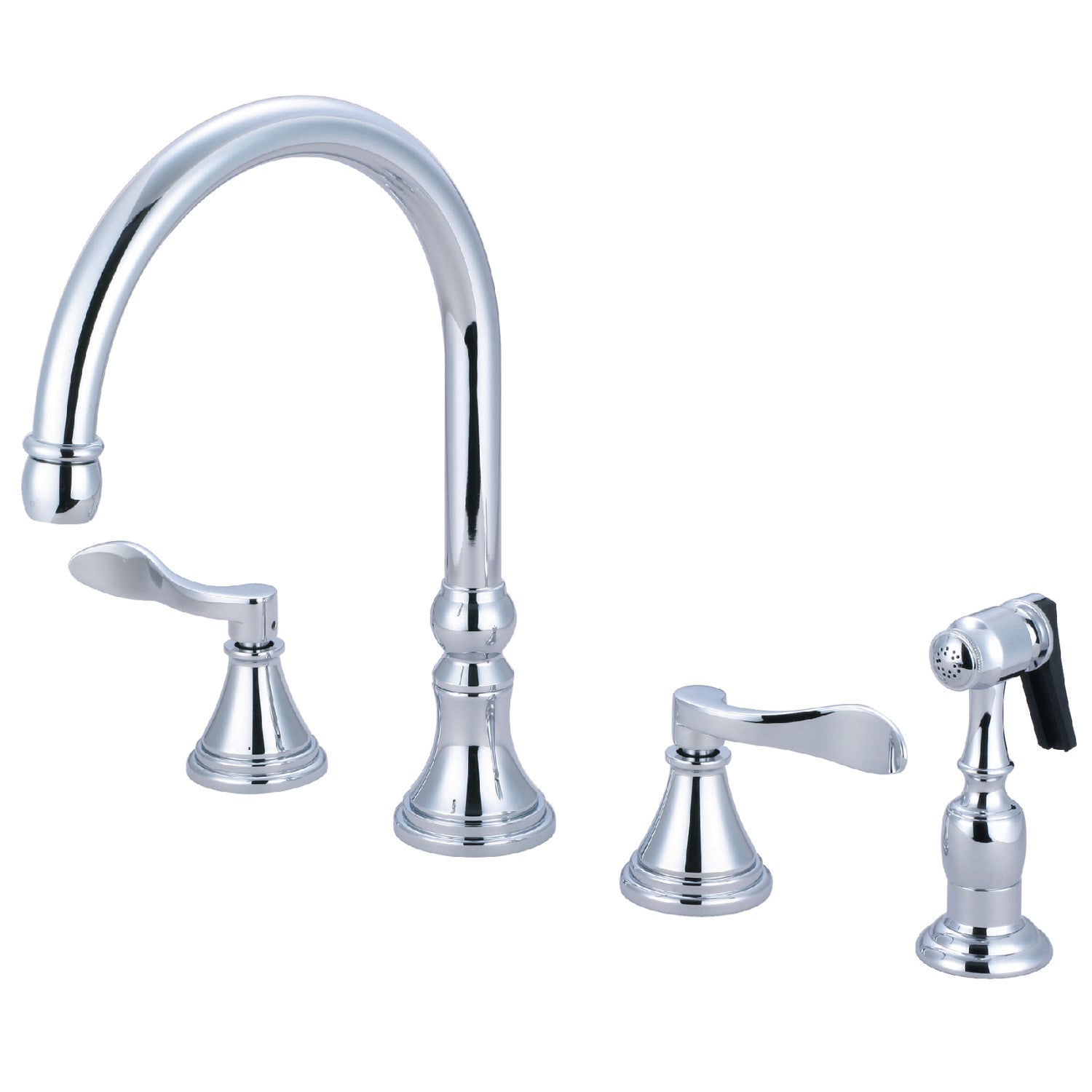 Kingston Tulare KS2791DFLBS - NuFrench Robinet de cuisine à double poignée 4 trous avec pulvérisateur en laiton, chrome poli