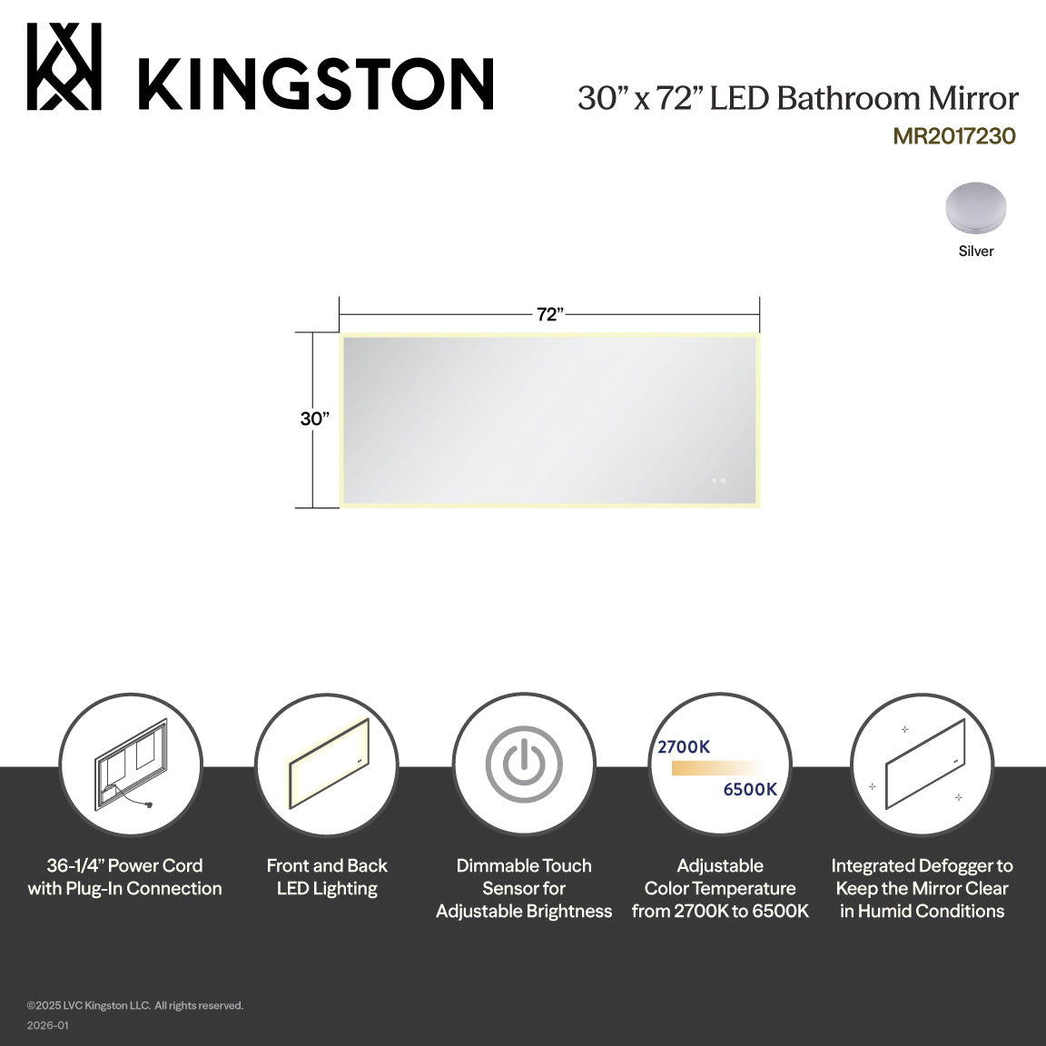 Kingston Aurora MR2017230 30-Inch x 72-Inch LED Bathroom Mirror, Front and Back Light, Anti-Fog, Dimmable Touch Sensor Lighted Mirror, Silver