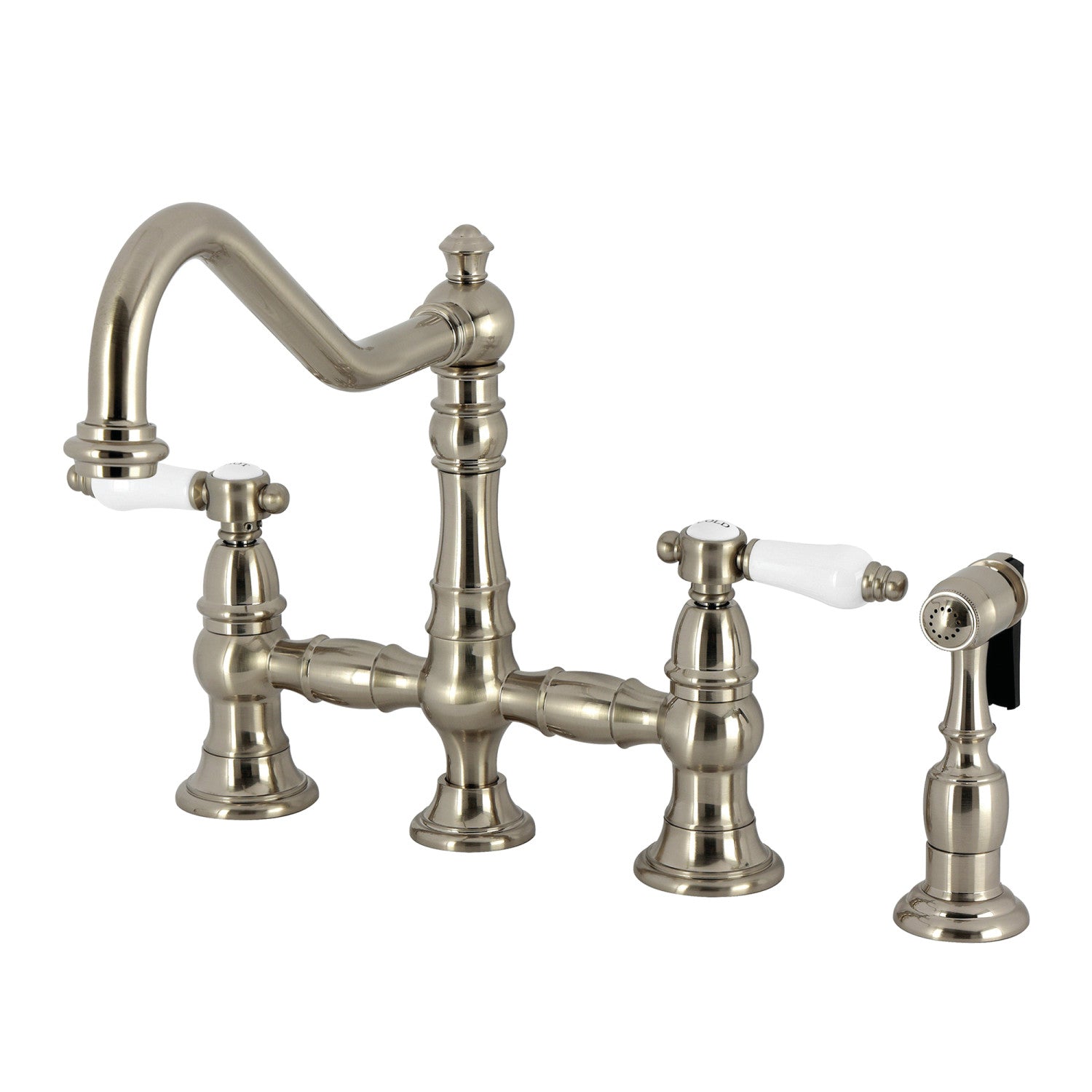Kingston Heirloom KS3278BPLBS - Robinet de cuisine Bel-Air à deux poignées 4 trous montage sur plage Bridge avec pulvérisateur en laiton, nickel brossé