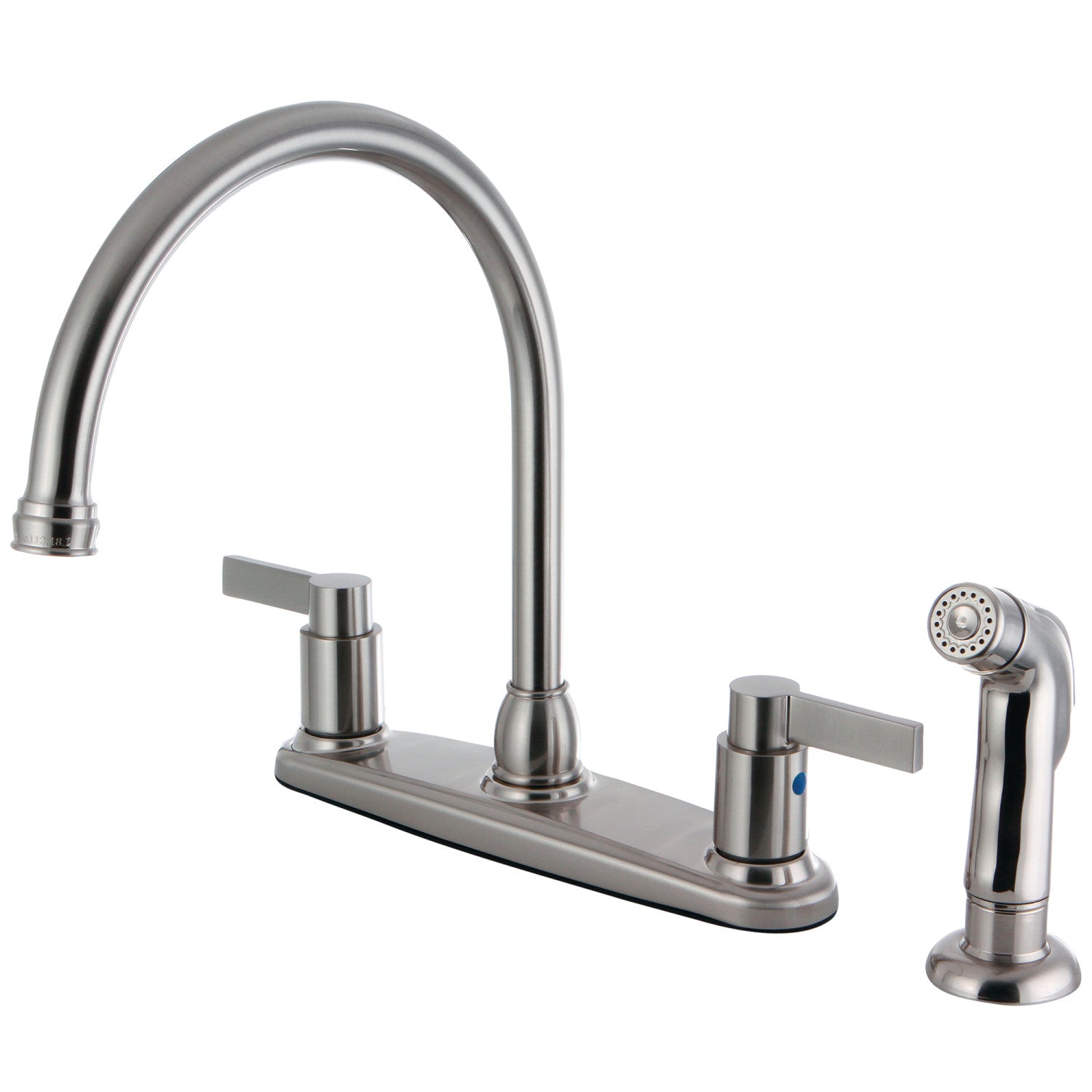 Kingston Tulare FB2798NDLSP - NuvoFusion Robinet de cuisine à deux poignées 4 trous 8" avec pulvérisateur latéral, Nickel brossé