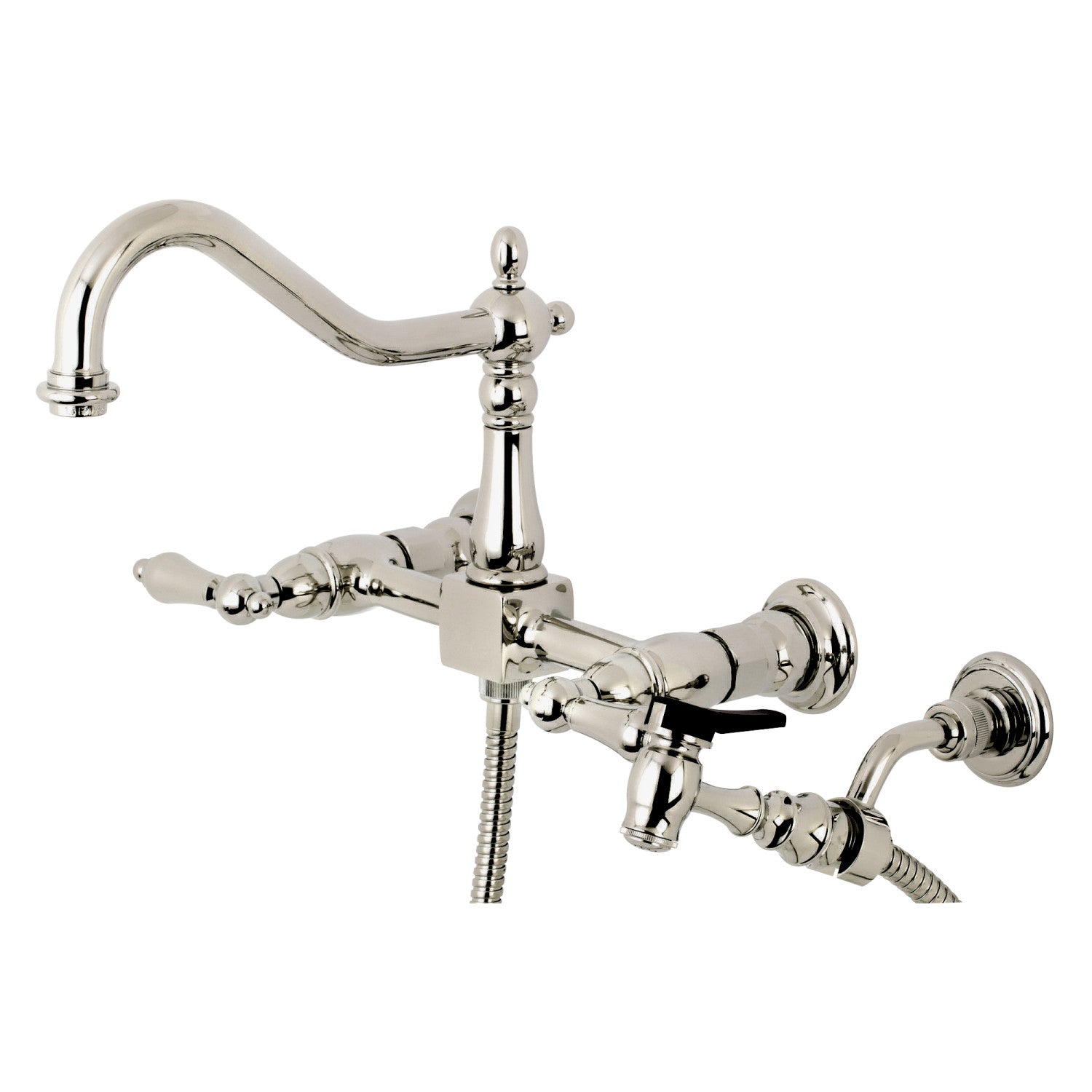 Kingston Heirloom KS1246ALBS - Robinet de cuisine à deux poignées Heritage 3 trous avec pulvérisateur en laiton, nickel poli