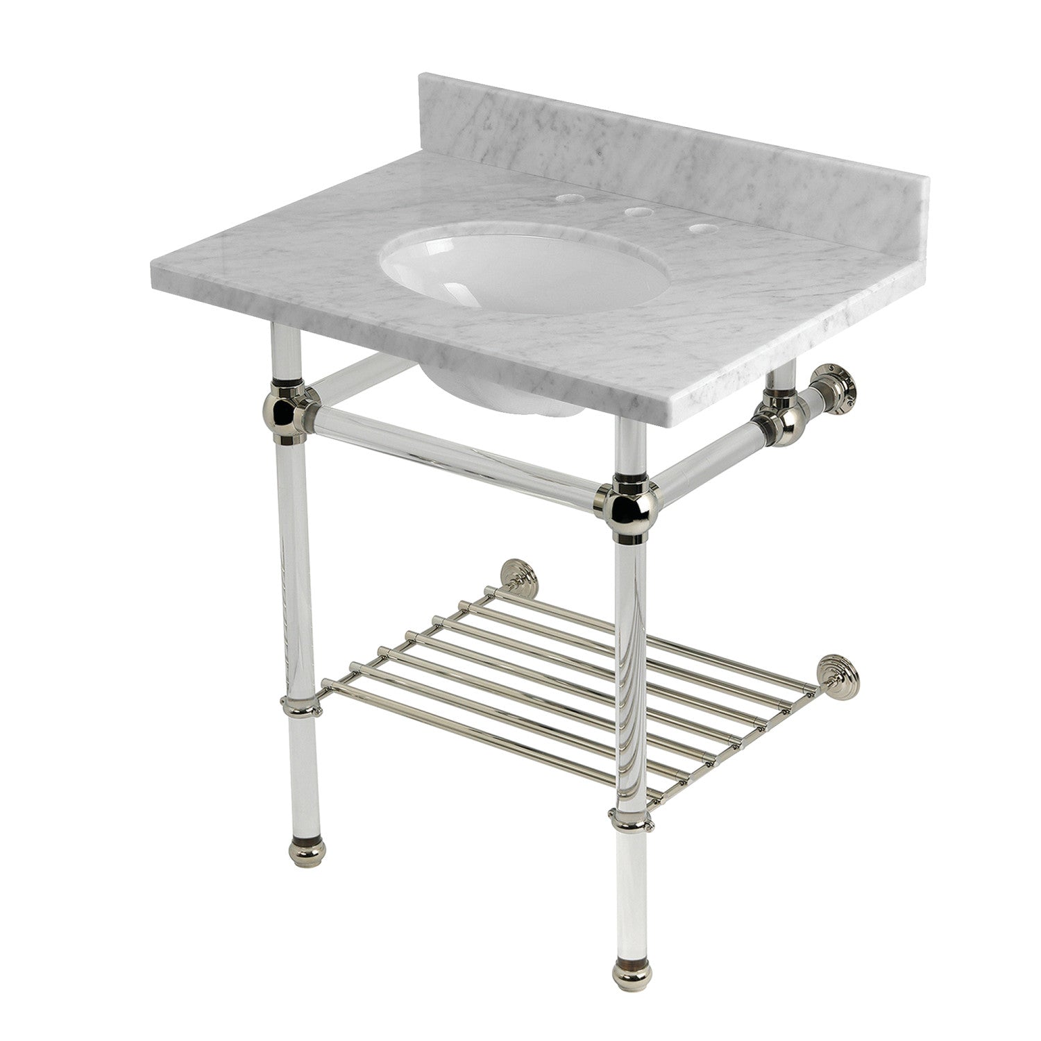 Kingston Tulare KVPB30MAB6 - Templeton 30-Inch Carrara Marble Console Sink with Acrylic Legs and Shelf (8-Inch, 3-Hole), Carrara Marble White/Polished Nickel