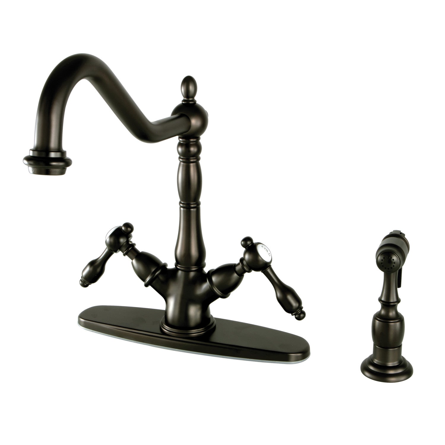 Kingston Heirloom KS1235TALBS - Robinet de cuisine à deux poignées Tudor 2-or-4 avec pulvérisateur en laiton, bronze frotté à l'huile