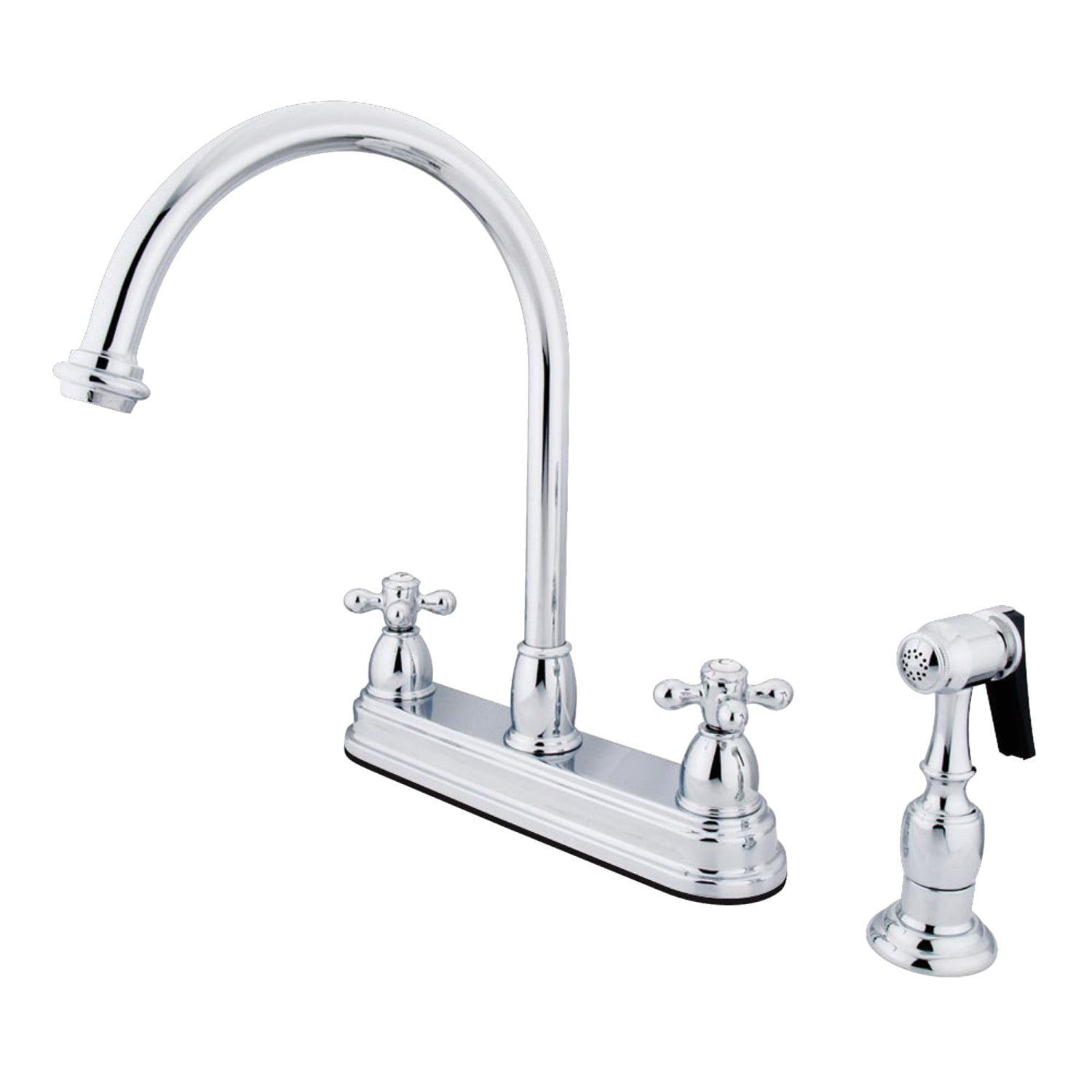 Kingston Heirloom KB3751AXBS - Robinet de cuisine central à deux poignées 4 trous 8 avec pulvérisateur en laiton, chrome poli