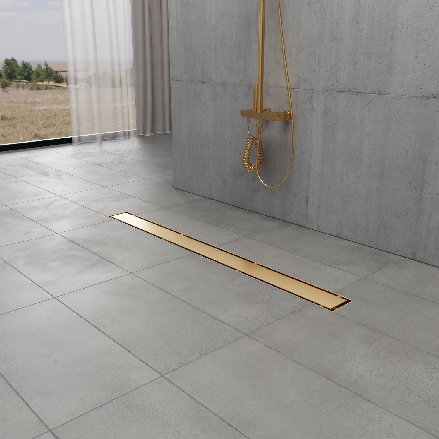 Kingston Watercourse BSF3227 32-Inch Stainless Steel Linear Shower Drain with Reversible Tile Insert and Flat Grate, Brushed Brass
