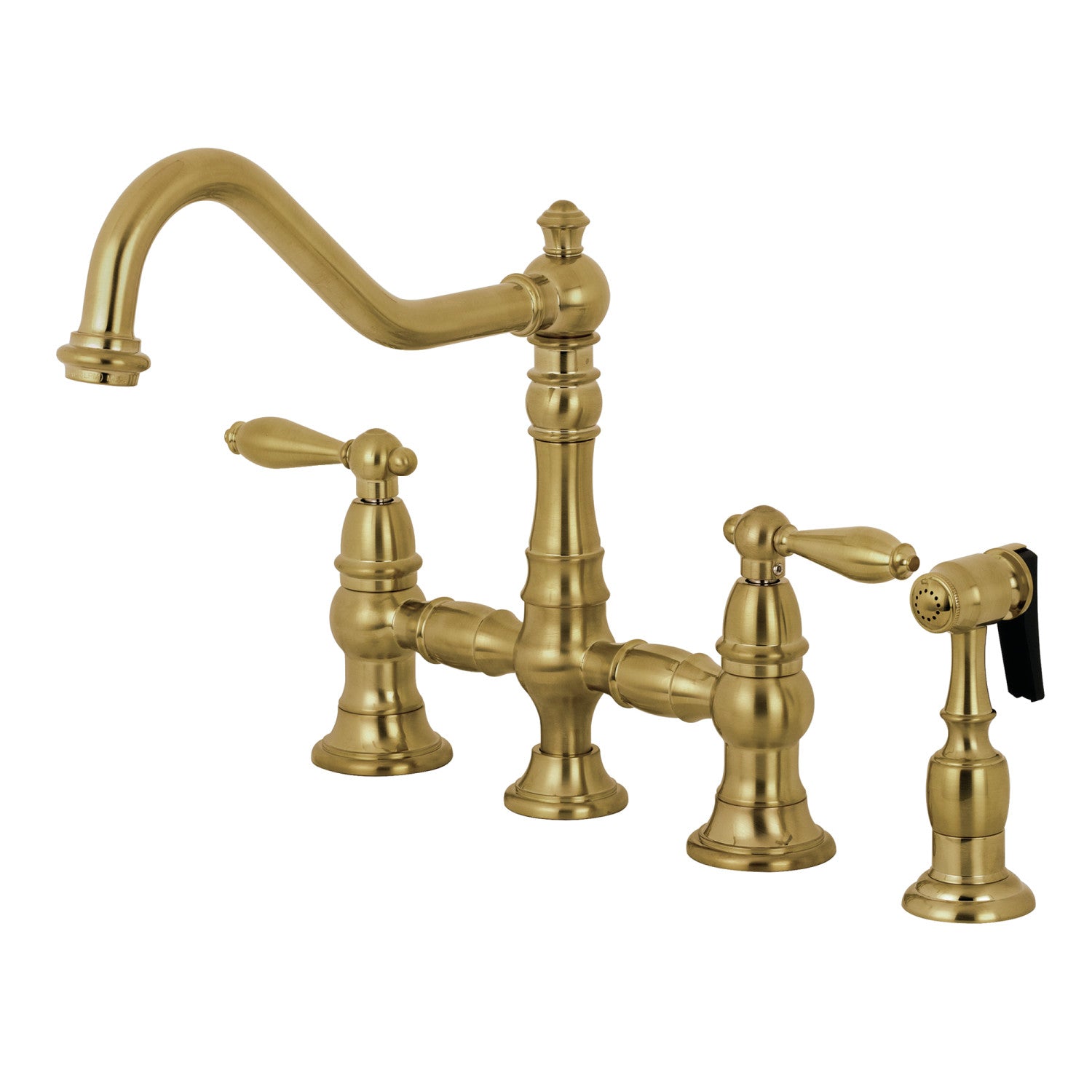 Kingston Heirloom KS3277ALBS - Restoration Two-Handle 4-Hole Deck Mount Bridge Kitchen Faucet with Brass Sprayer, Brushed Brass