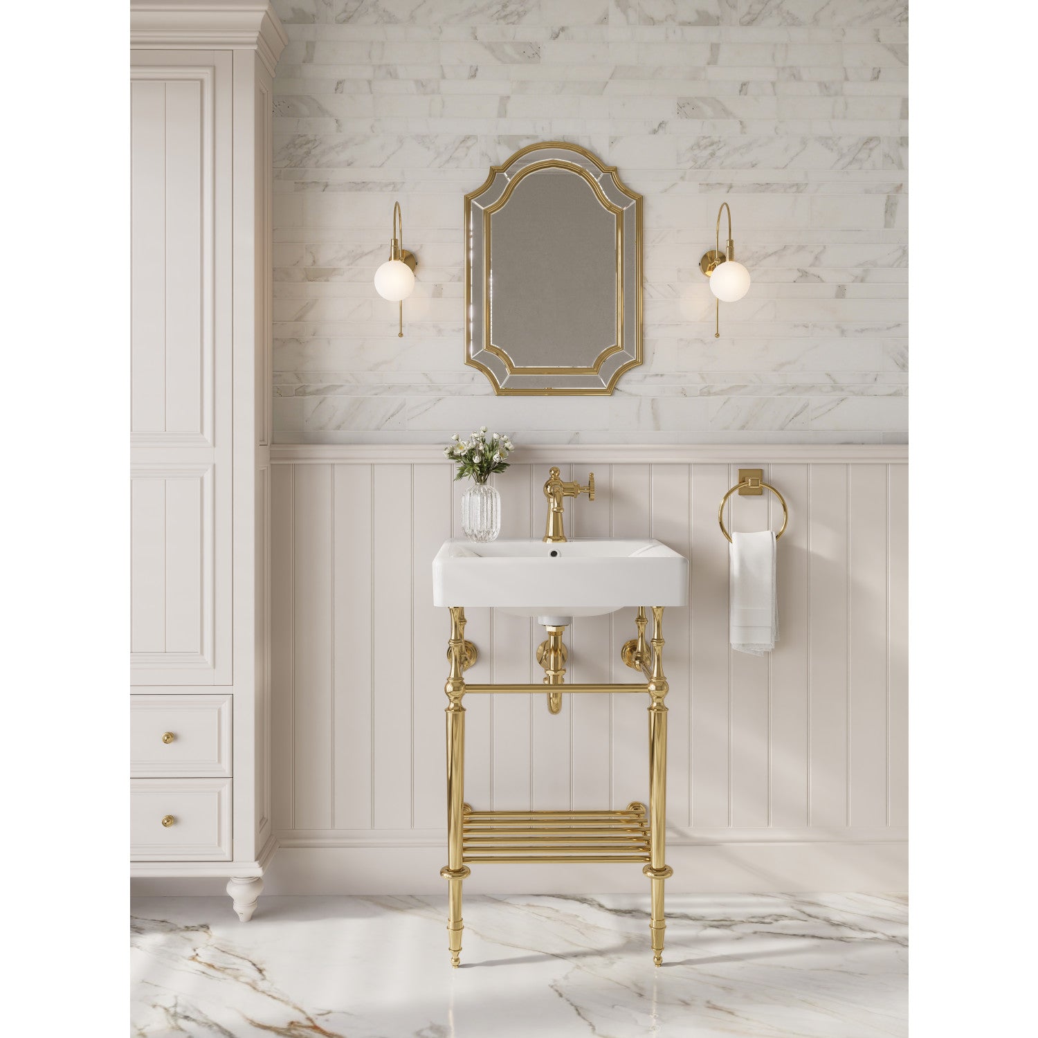 Kingston Edwardian KVPBH2018W10 20-Inch Ceramic Console Sink with Brass Legs and Shelf (1-Hole), White/Matte Black