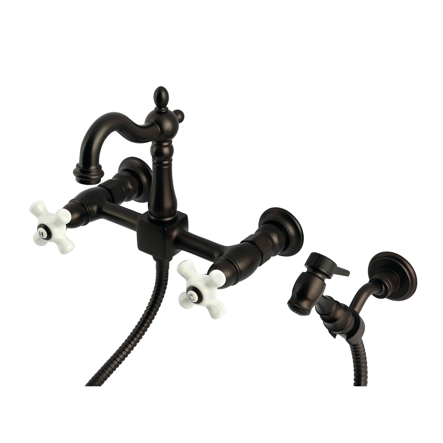 Kingston Heirloom KS2445PXBS - Robinet de cuisine à deux poignées Heritage 3 trous Wall Mount Bridge avec pulvérisateur en laiton, bronze à l'huile