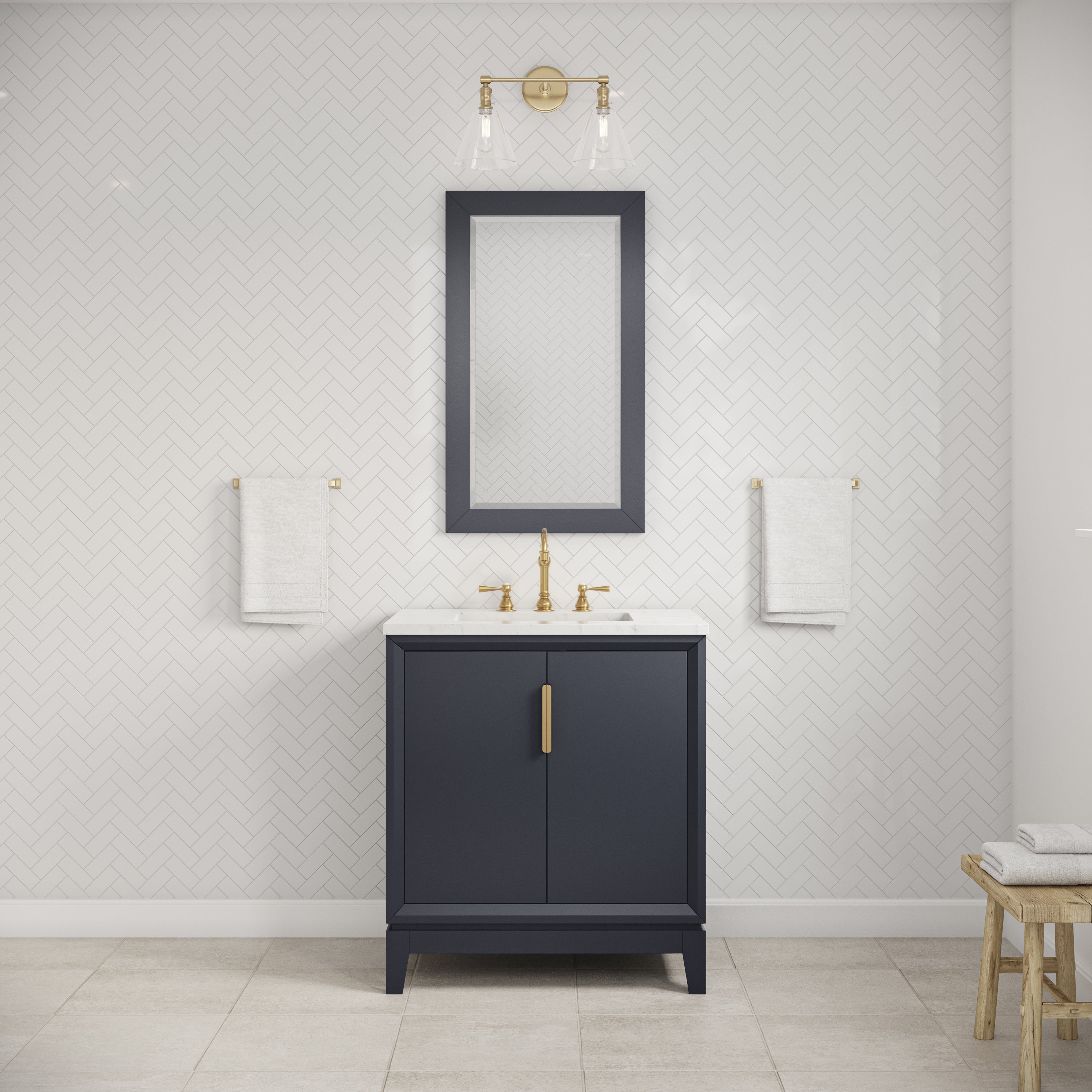 Kingston Luxe EL30CW06MB - 30 in. x 22 in. Bathroom Vanity Carrara White Marble Top and White Ceramic Basin, Monarch Blue