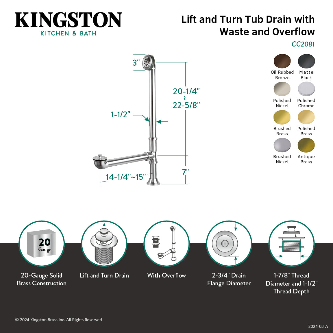 Kingston Heirloom CC2081 - Vintage Brass Lift and Turn Tub Waste and Overflow, Polished Chrome