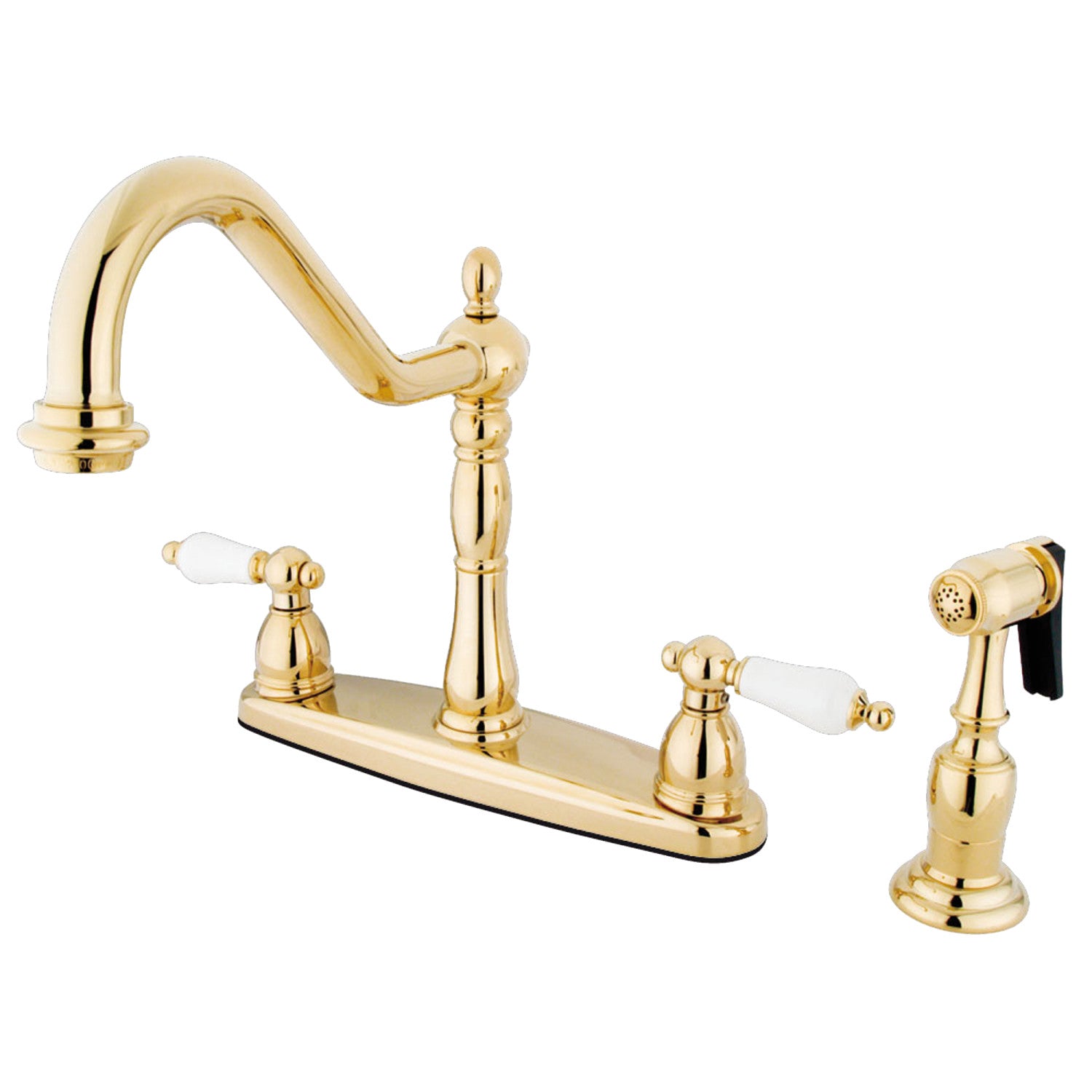 Kingston Heirloom KB1752PLBS - Robinet de cuisine central à deux poignées Heritage 4 trous 8" avec pulvérisateur en laiton poli