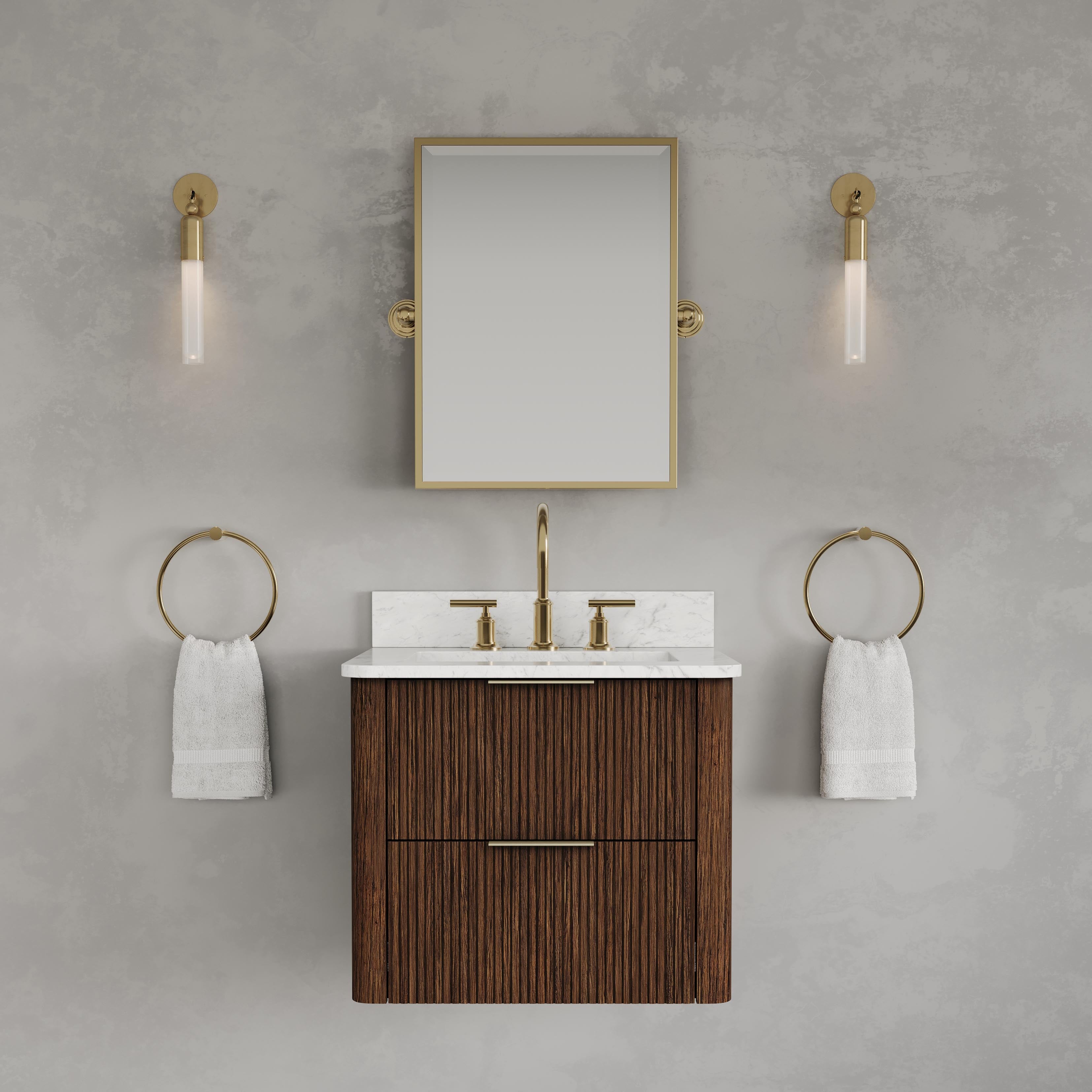 Kingston Luxe EU24EM00TO - 24 in. x 22 in. Bathroom Vanity Single Sink Freestanding with Carrara White Engineered Stone Top, Truffle Oak