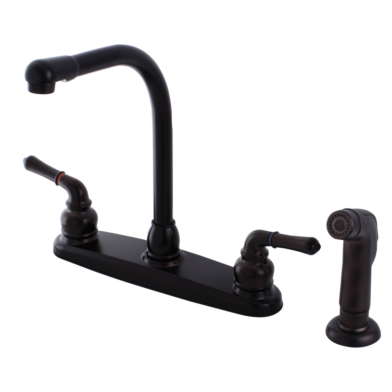 Kingston Tulare FB755SP - Americana Robinet de cuisine à deux poignées 4 trous 8" avec pulvérisateur latéral, bronze frotté à l'huile