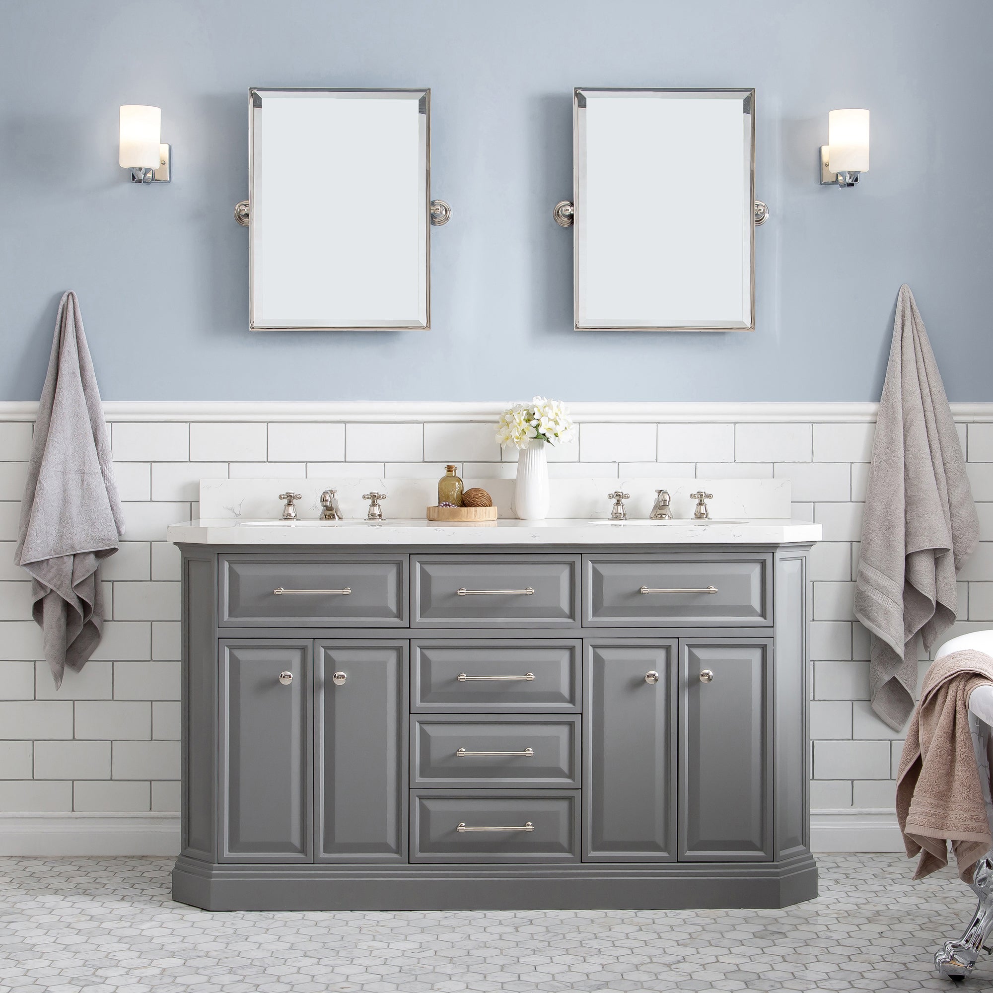 Kingston Luxe PA60QZ05CG - 60 in. x 22 in. Bathroom Vanity Quartz Top and White Basin, Cashmere Grey
