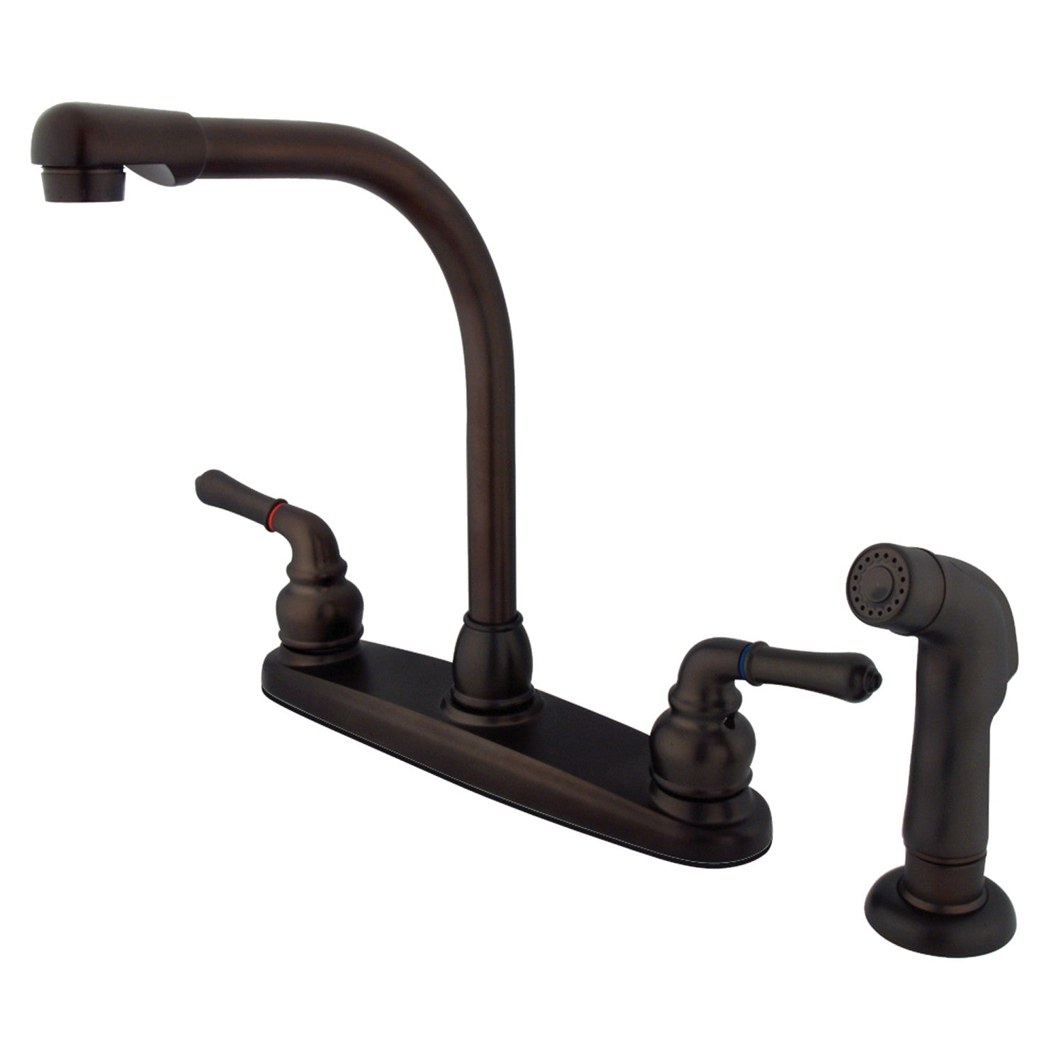 Kingston Tulare KB755SP - Robinet de cuisine à deux poignées Magellan 4 trous 8" avec pulvérisateur latéral, bronze frotté à l'huile
