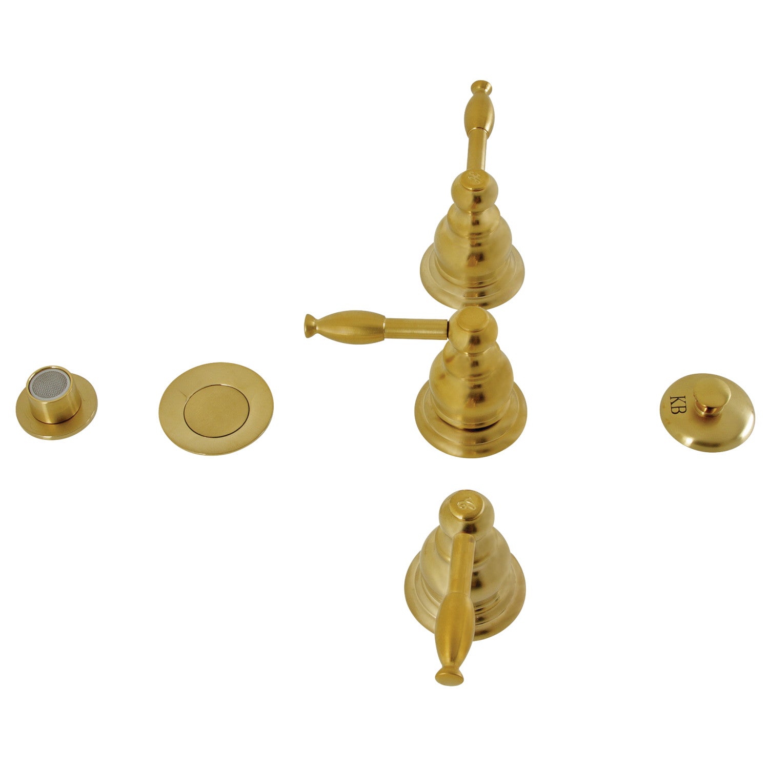 Kingston Heirloom KB327KL - Robinet de bidet vertical à trois poignées Knight avec couvercle en laiton, laiton brossé