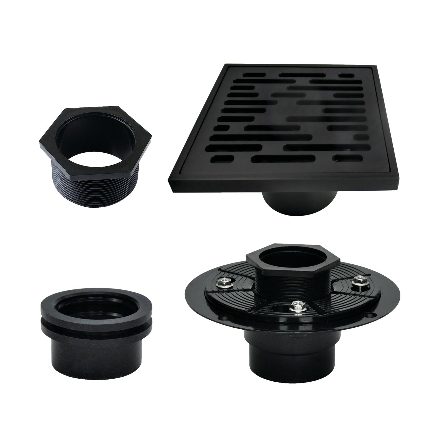 Kingston Watercourse BSFK6310MB 4-Inch Brass Square Grid Shower Drain with Hair Strainer and Base Flange, Matte Black