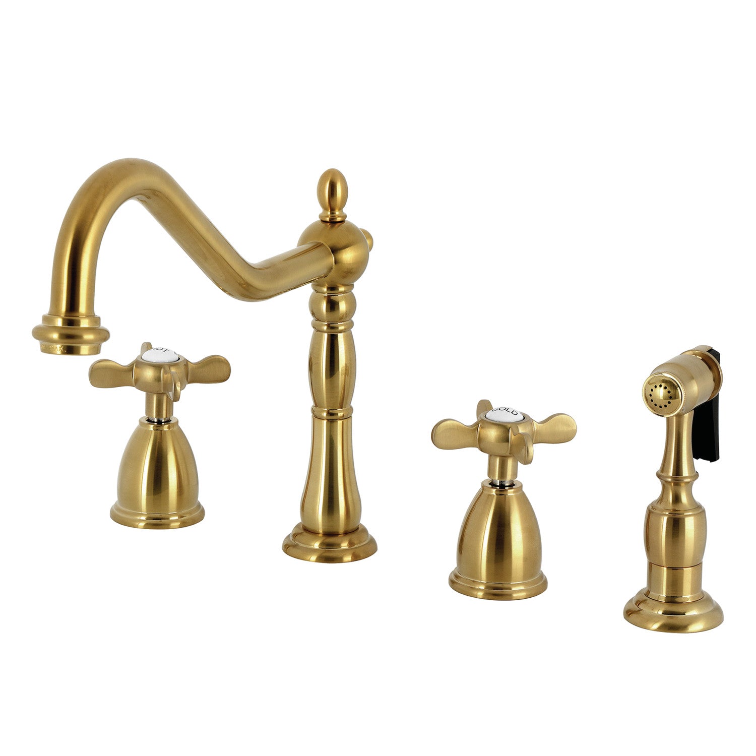 Kingston Heirloom KB1797BEXBS - Essex Double-Handle 4 trous Robinet de cuisine étendu avec pulvérisateur en laiton, laiton brossé