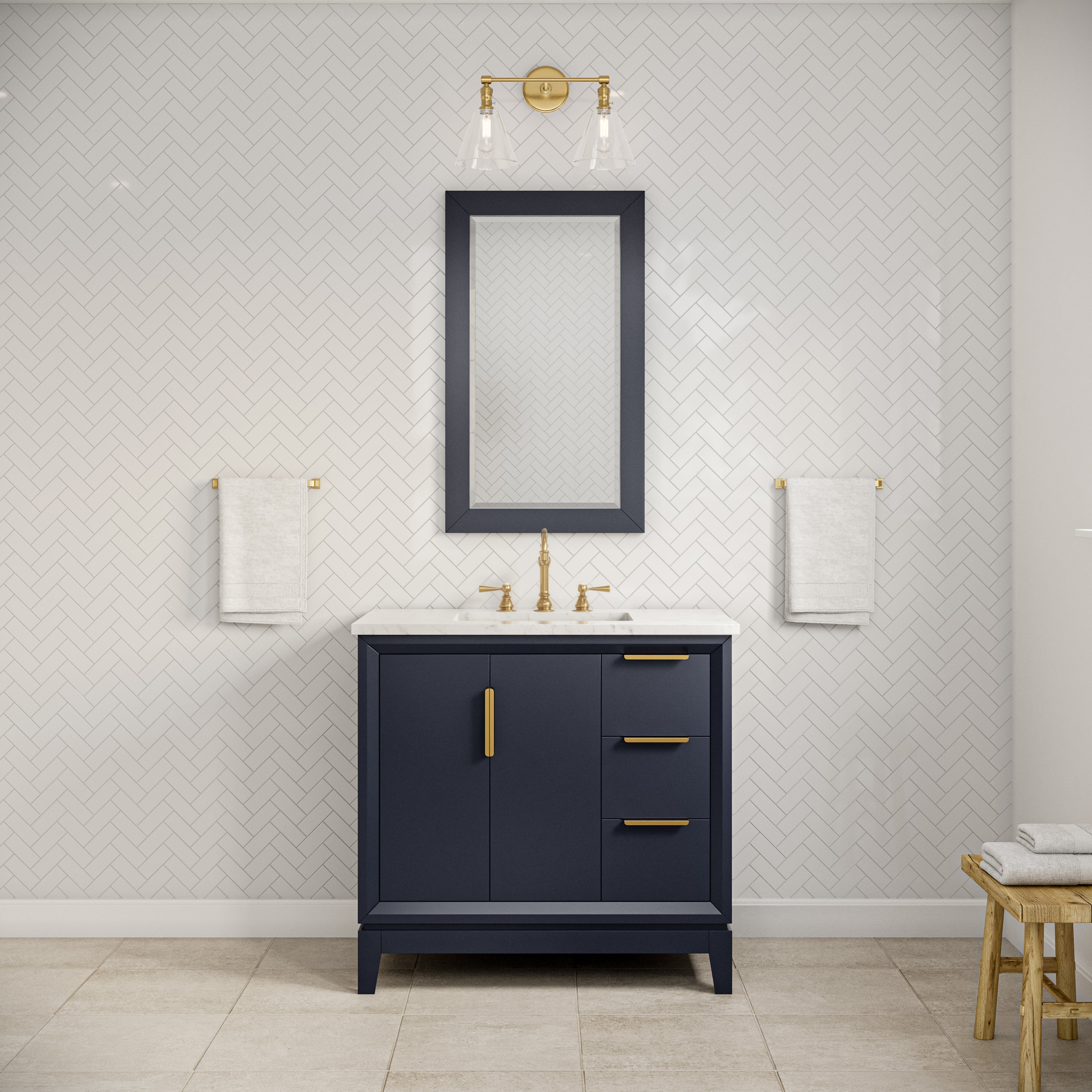 Kingston Luxe EL36CW06MB - 36 in. x 22 in. Bathroom Vanity Carrara White Marble Top and White Ceramic Basin, Monarch Blue