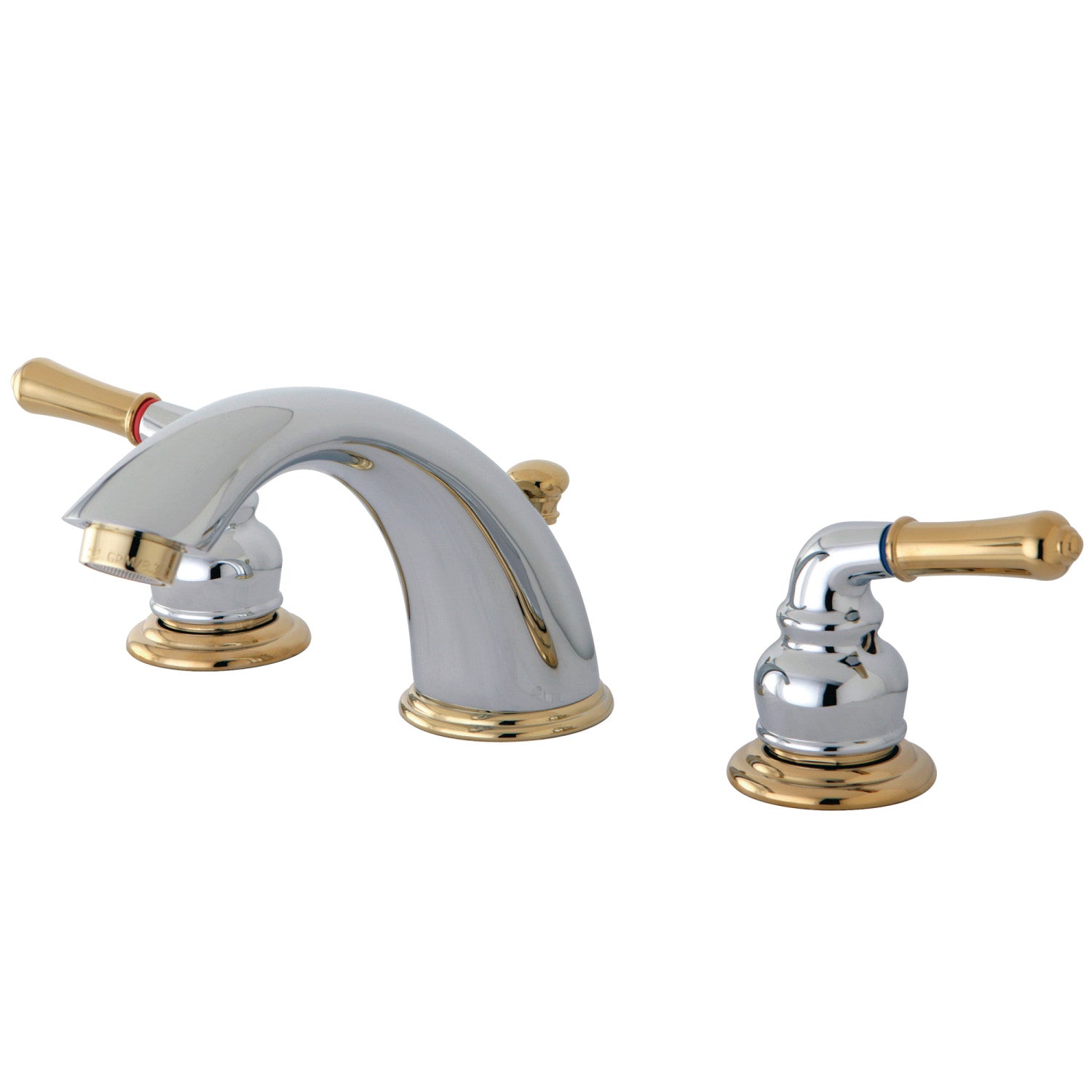 Kingston Tulare KB964 - Magellan Two-Handle 3-Hole Deck Mount Widespread Bathroom Faucet with Pop-Up Drain, Polished Chrome/Polished Brass