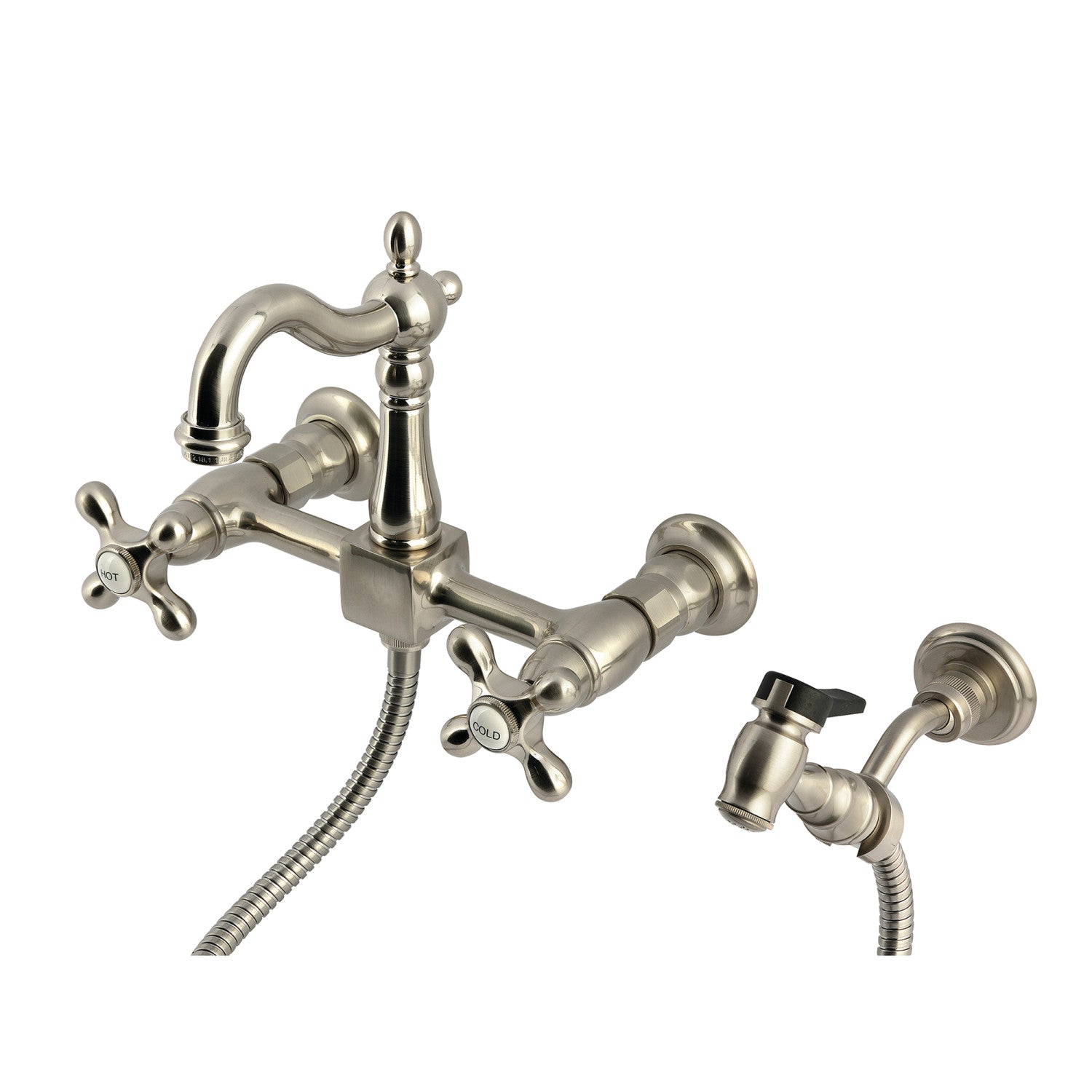 Kingston Heirloom KS2448AXBS - Robinet de cuisine à deux poignées Heritage 3 trous avec pulvérisateur en laiton, nickel brossé