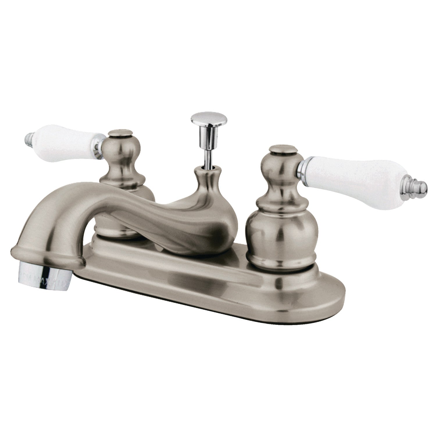 Kingston Heirloom GKB607B - Robinet de salle de bain à double poignée de restauration 3 trous montage sur plage 4-Inch Centerset avec drain à tirette, nickel brossé / chrome poli