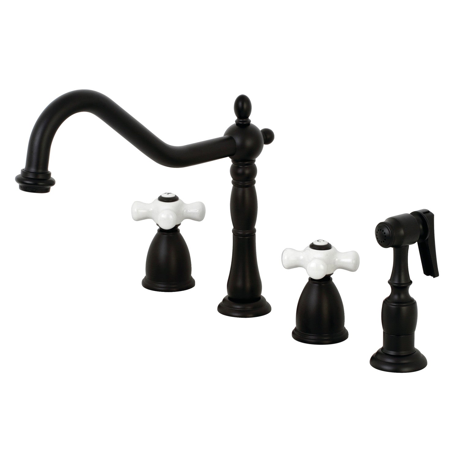 Kingston Heirloom KB1790PXBS - Robinet de cuisine à double poignée Heritage 4 trous avec pulvérisateur en laiton, noir mat