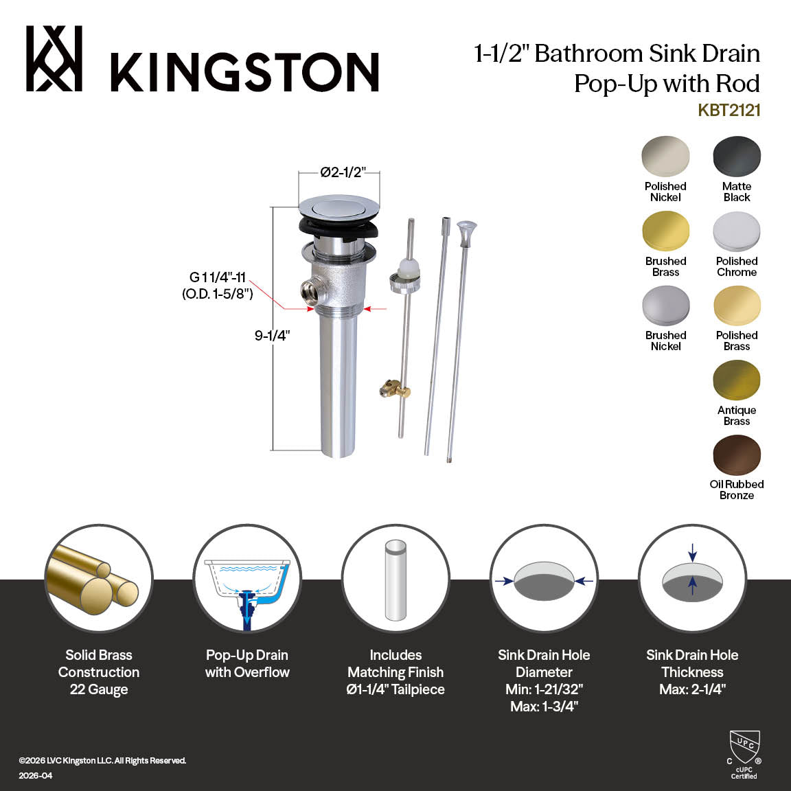 Kingston Made To Match KBT2126 Brass Pop-Up Bathroom Sink Drain with Overflow, 22 Gauge, Polished Nickel