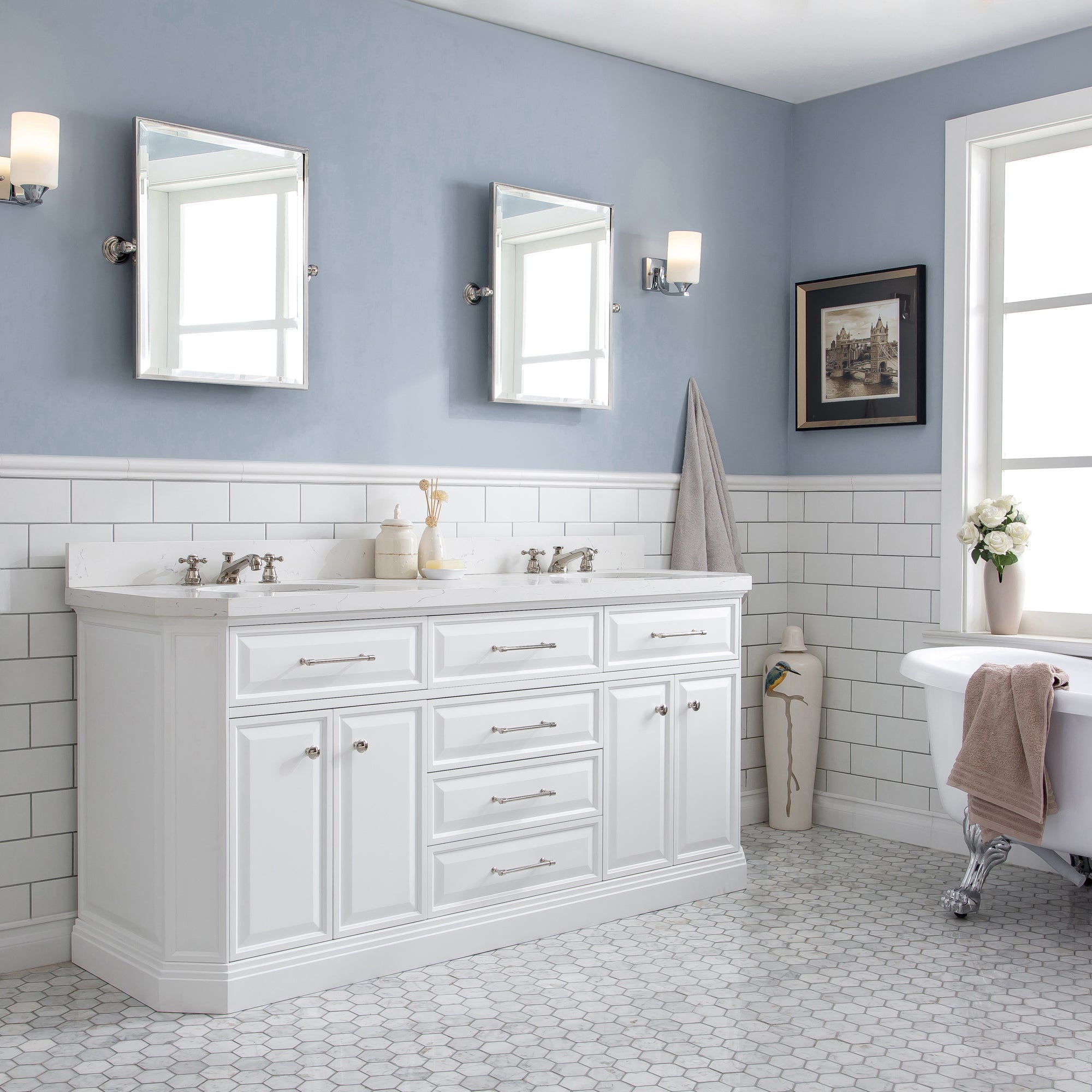 Kingston Luxe PA72QZ05PW - 72 in. x 22 in. Bathroom Vanity Quartz Top and White Basin, Pure White