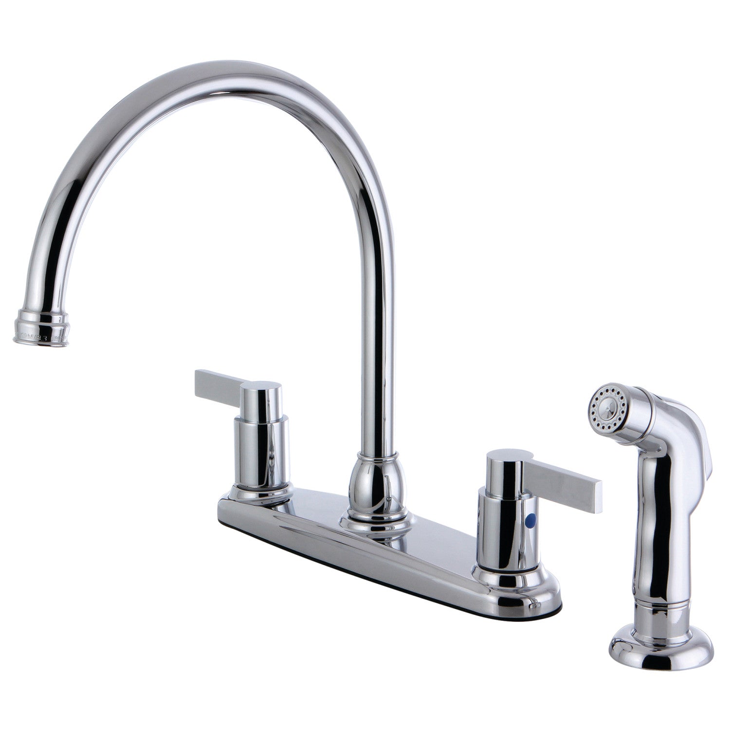 Kingston Tulare FB2791NDLSP - NuvoFusion Robinet de cuisine à deux poignées 4 trous 8" avec pulvérisateur latéral, chrome poli