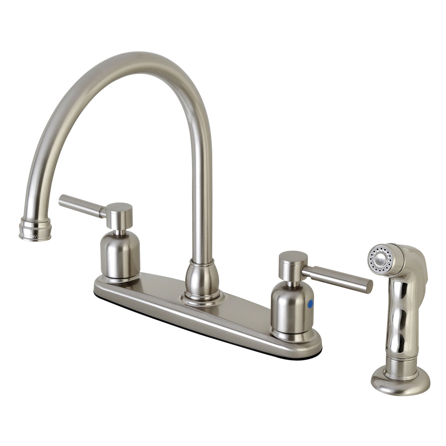 Kingston Tulare FB798DLSP - Robinet de cuisine central à deux poignées Concord 4 trous 8" avec pulvérisateur latéral, nickel brossé
