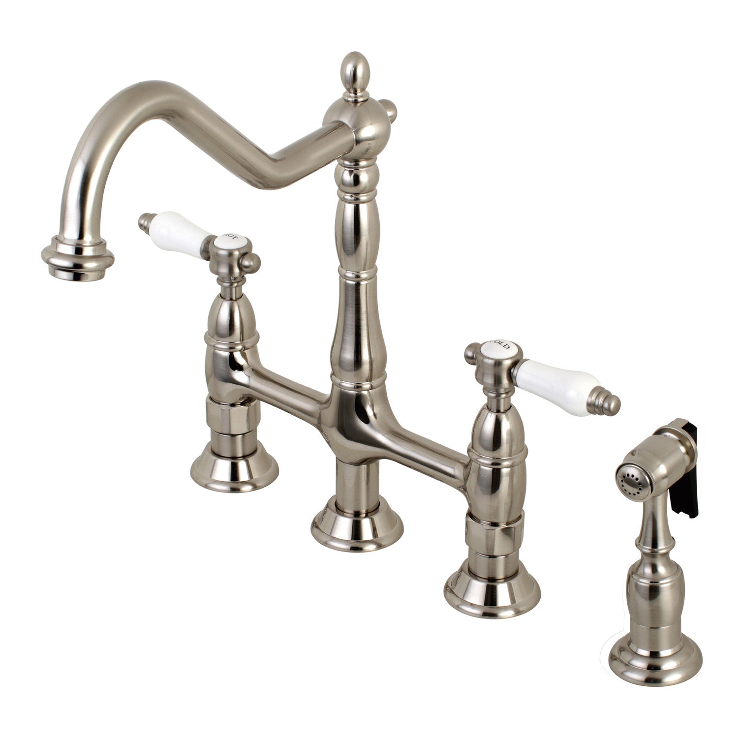 Kingston Heirloom KS1278BPLBS - Robinet de cuisine Bel-Air à deux poignées 4 trous montage sur plage Bridge avec pulvérisateur en laiton, nickel brossé