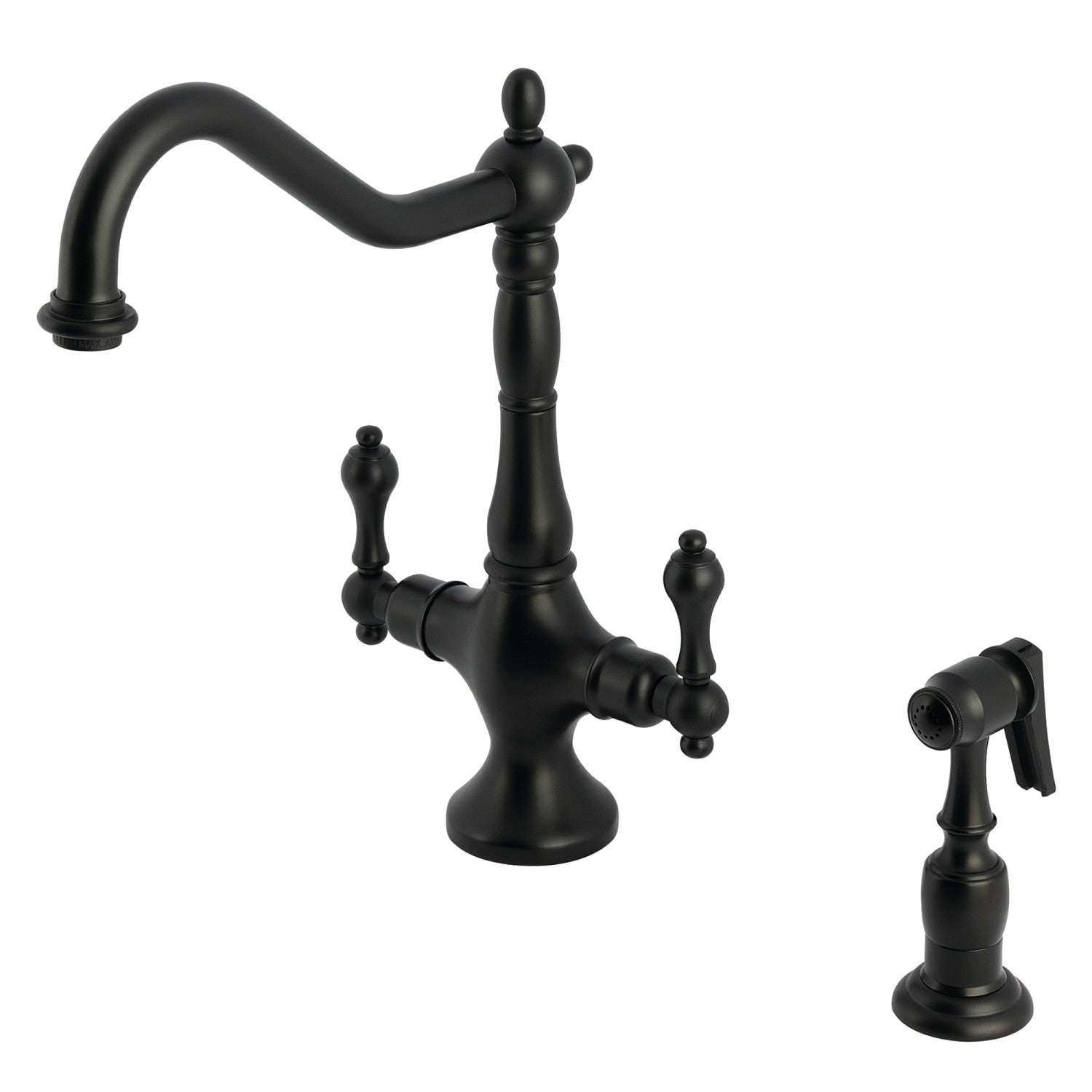 Kingston Heirloom KS1770ALBS - Robinet de cuisine bimanche Heritage 2 trous avec pulvérisateur en laiton, noir mat
