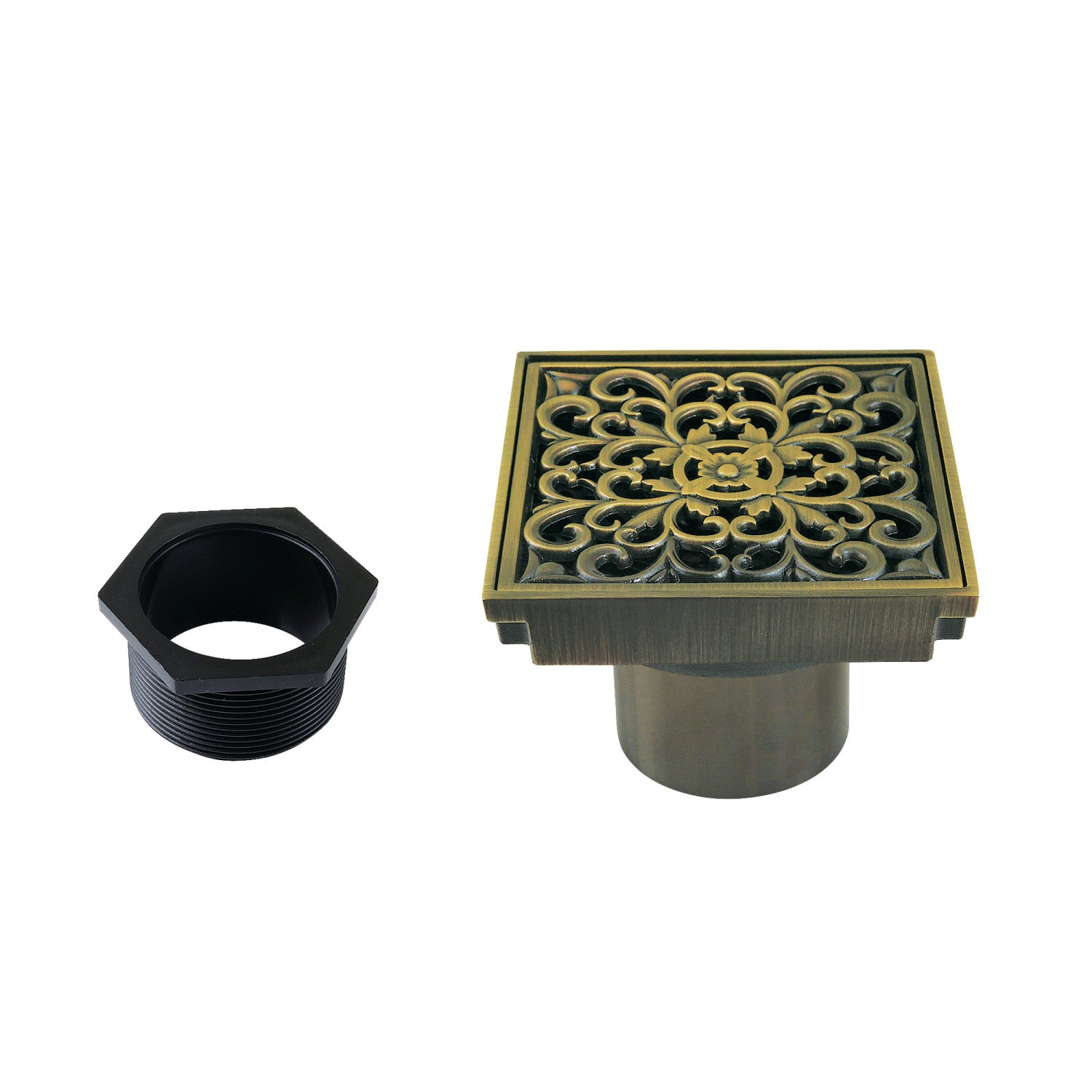 Kingston Watercourse BSF9771AB 4-Inch Brass Square Grid Shower Drain with Hair Strainer, Antique Brass