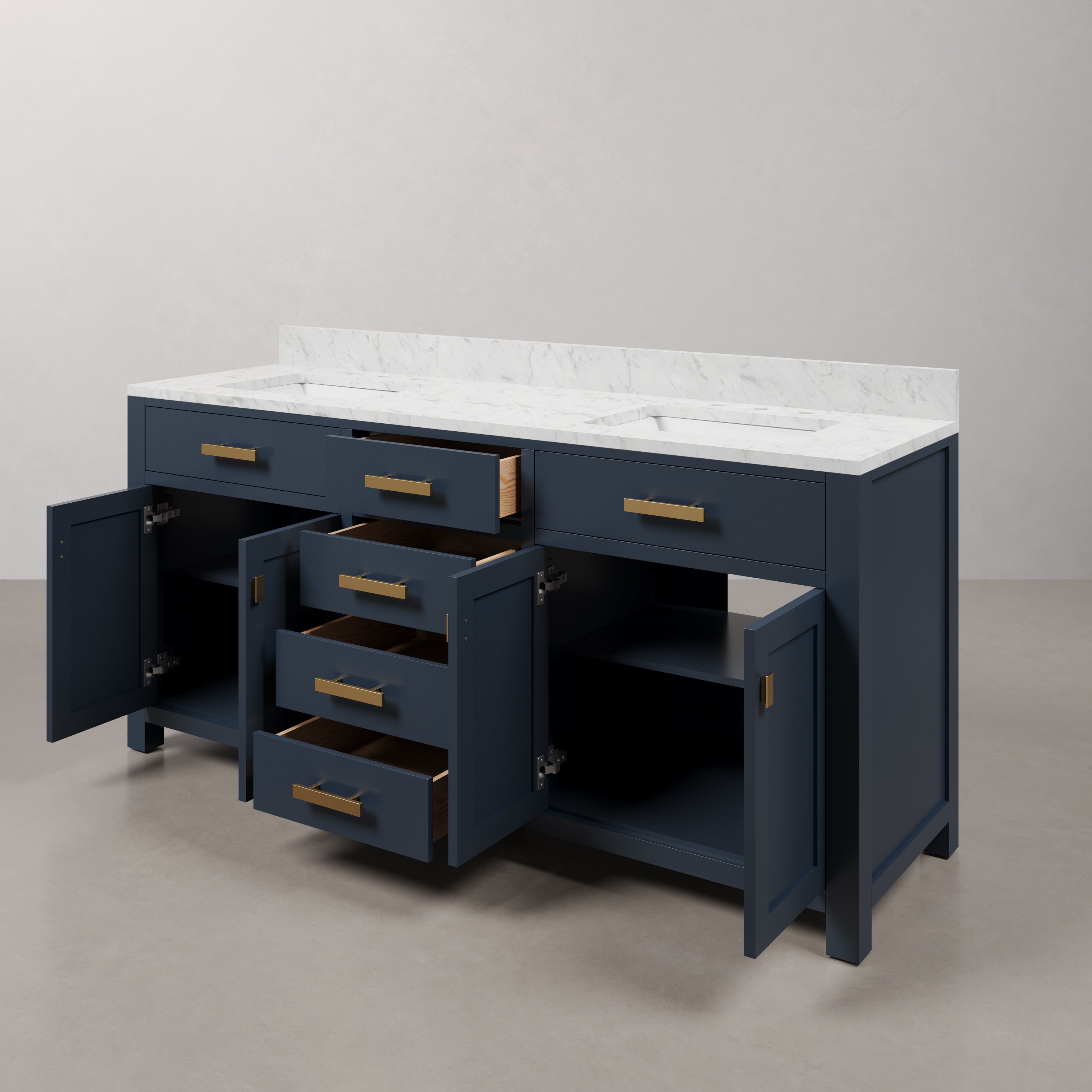 Kingston Luxe MS72CW06MB - 72 in. x 21.5 in. Bathroom Vanity Carrara White Marble Top and White Basins, Monarch Blue