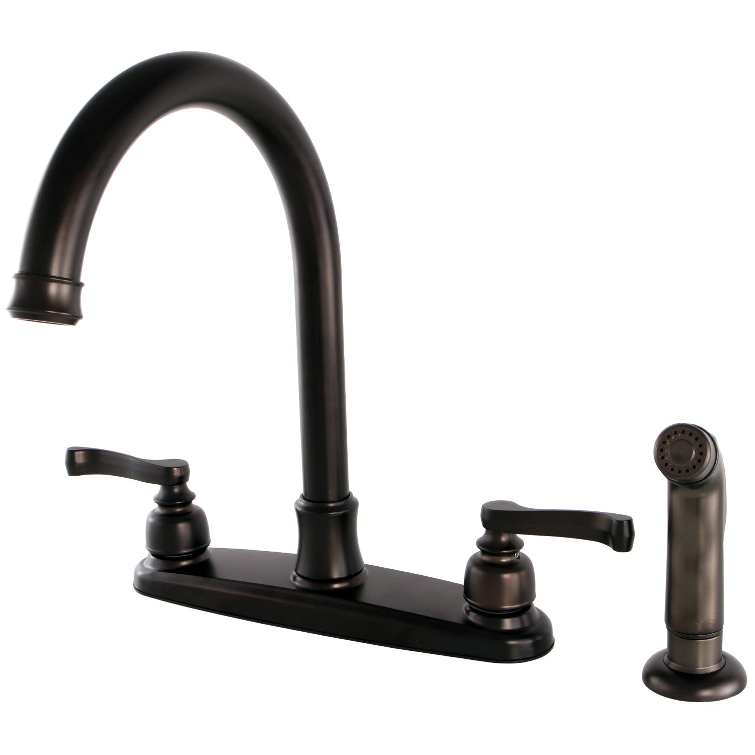 Kingston Tulare FB7795FLSP - Royale Robinet de cuisine à deux poignées 4 trous 8" avec pulvérisateur latéral, bronze frotté à l'huile