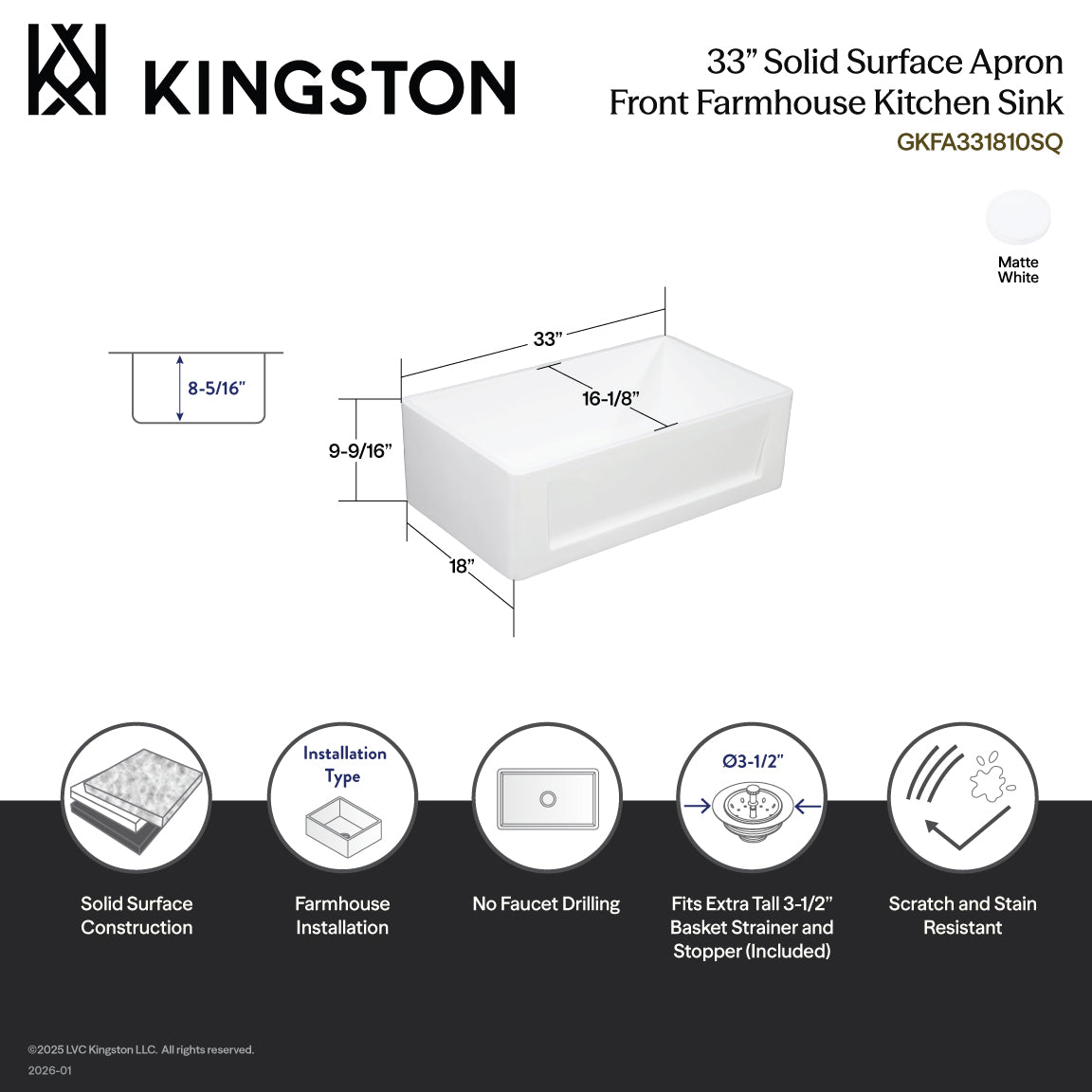 Kingston Arcticstone GKFA331810SQ 33-Inch Solid Surface White Stone Apron-Front Single Bowl Farmhouse Kitchen Sink with Strainer, Matte White