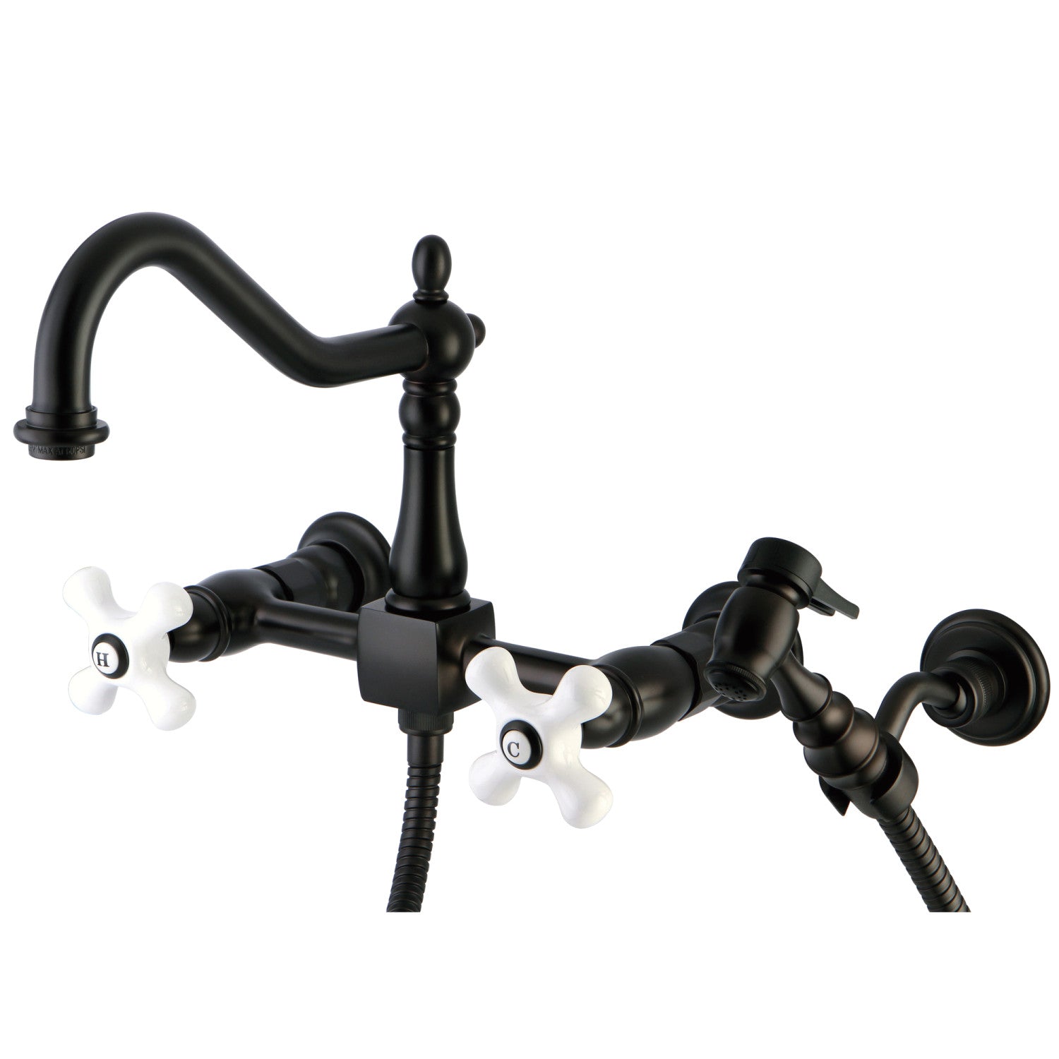 Kingston Heirloom KS1245PXBS - Robinet de cuisine à deux poignées Heritage 3 trous Wall Mount Bridge avec pulvérisateur en laiton, bronze à l'huile