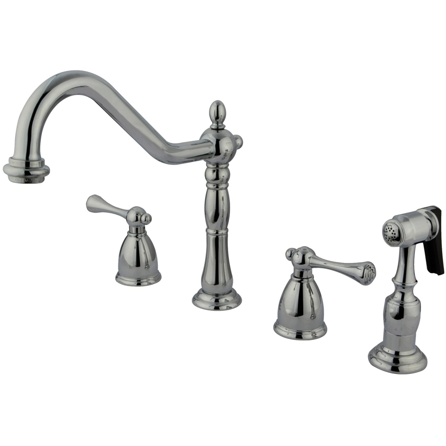 Kingston Heirloom KB7791BLBS - Robinet de cuisine à double poignée de pays anglais 4 trous avec pulvérisateur en laiton, chrome poli
