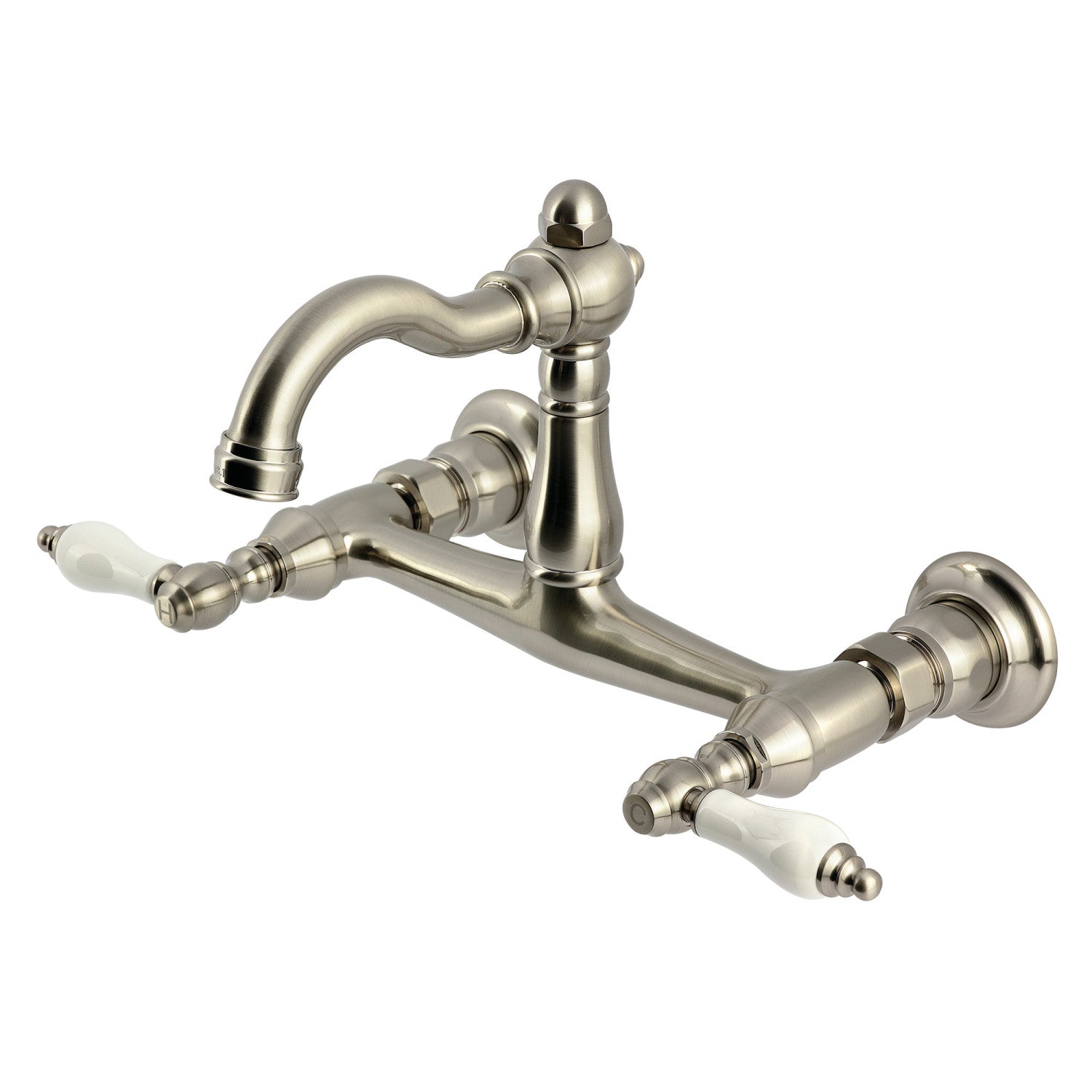 Kingston Heirloom KS3258PL - Robinet de cuisine à deux poignées vintage 2 trous Wall Mount Bridge, nickel brossé