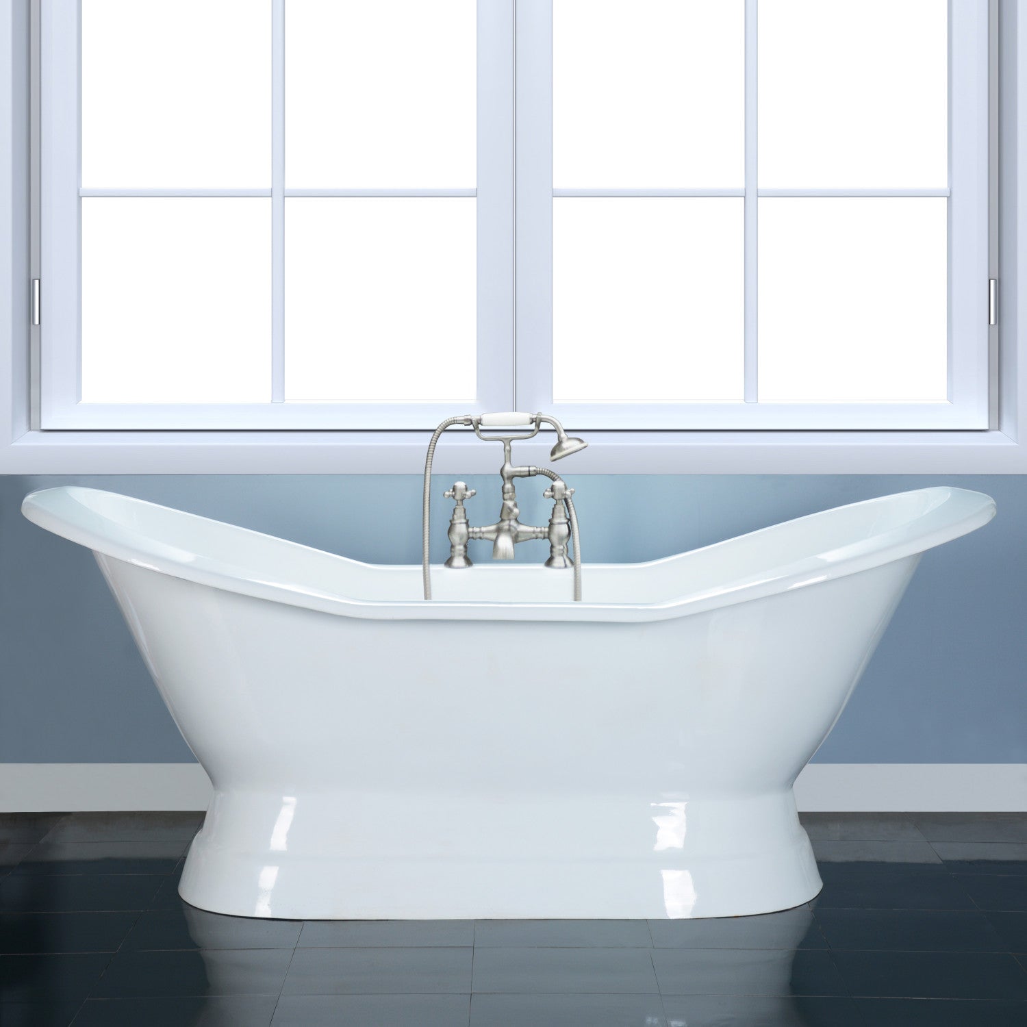Kingston Heirloom VCT7D723130 - Aqua Eden 72-Inch Cast Iron Oval Double Slipper Pedestal Tub (7-Inch Faucet Drillings), Blanc